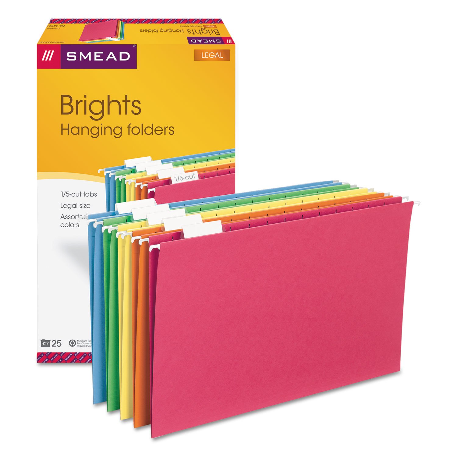 Smead Hanging File Folder With Tab, 1/5-Cut Adjustable Legal Size, Assorted Primary Colors, 25 Per Box (64159)
