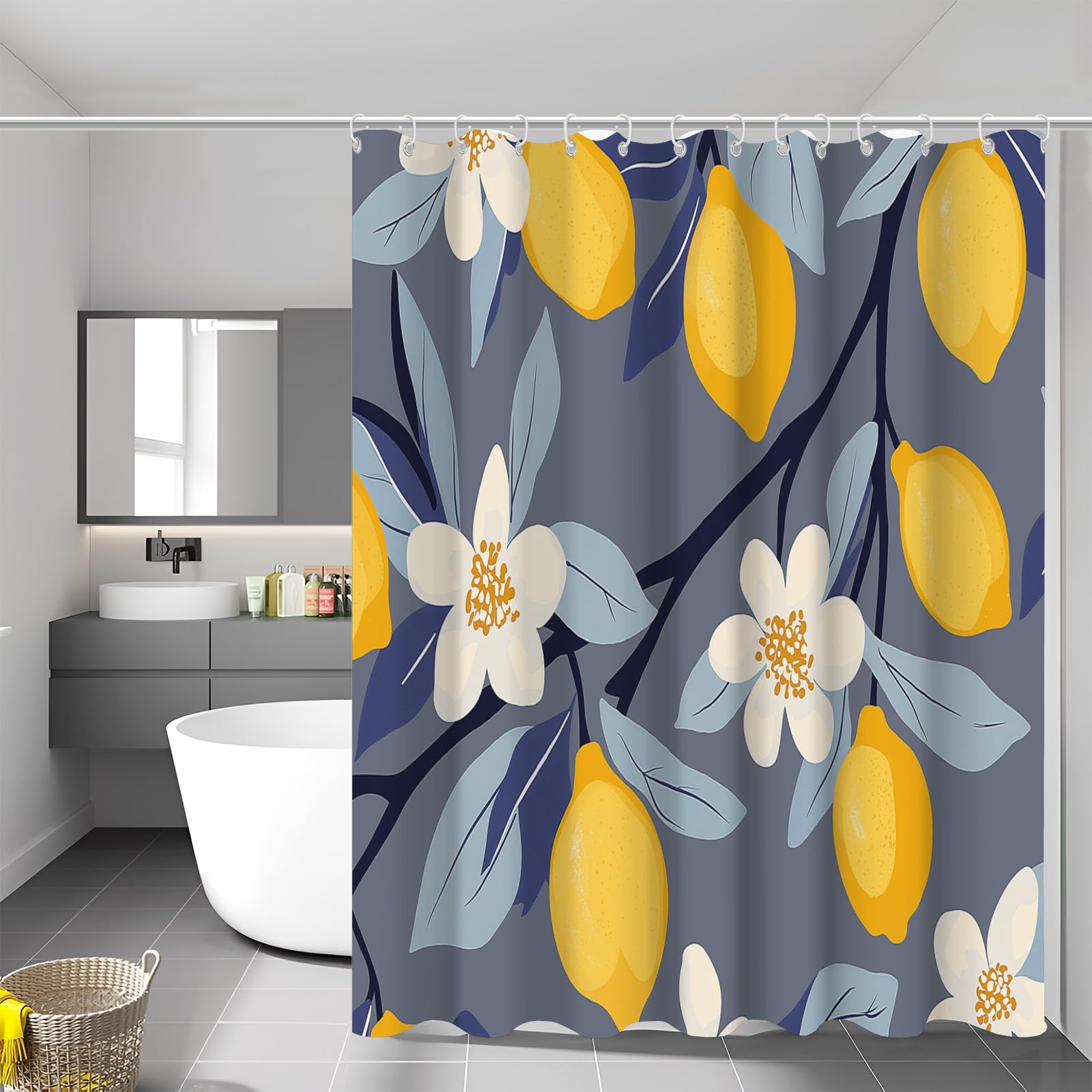 Rideau douche anti moisissure fleurs de citronnier suspendu avec 12 crochets