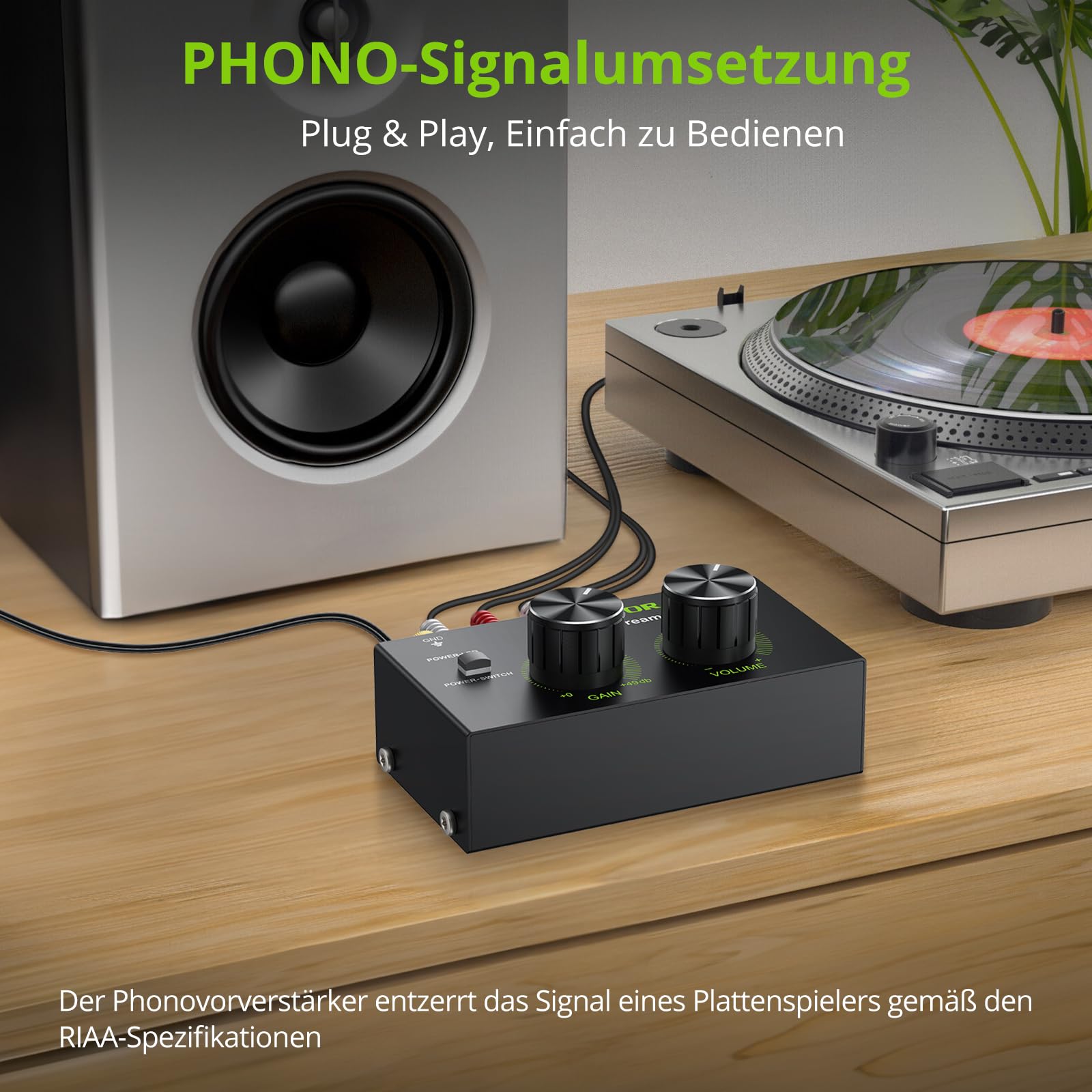 LiNKFOR Phono-Vorverstärker Phonograph-Vorverstärker Ultra-Kompakter Vorverstärker mit Netzschalter Lautstärkeregler Cinch Eingang/Ausgang 1/4'' TRS-Ausgang DC 12V für Plattenspieler mit MM-Abtast