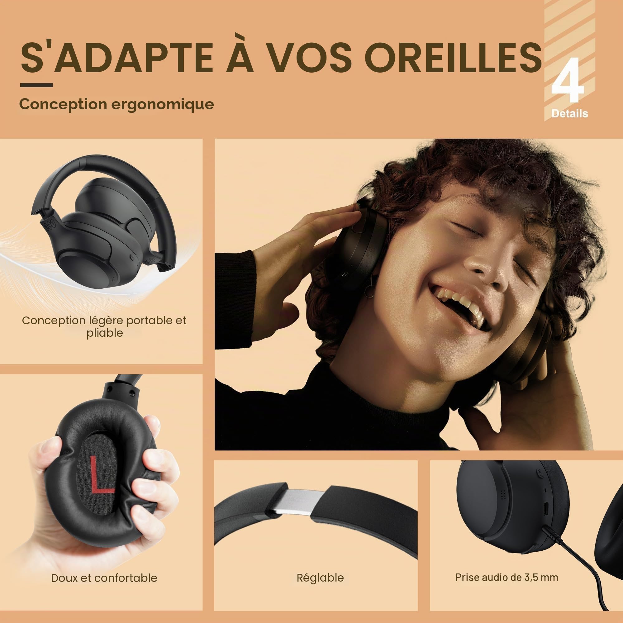 QCY H3 Casque Bluetooth sans Fil,avec Annulation Active du Bruit,Hi-Res Audio LDAC,Casque Anti Bruit,Connexion multipoint,Lecture 60 Heures,égaliseur personnalisé Via App,Noir