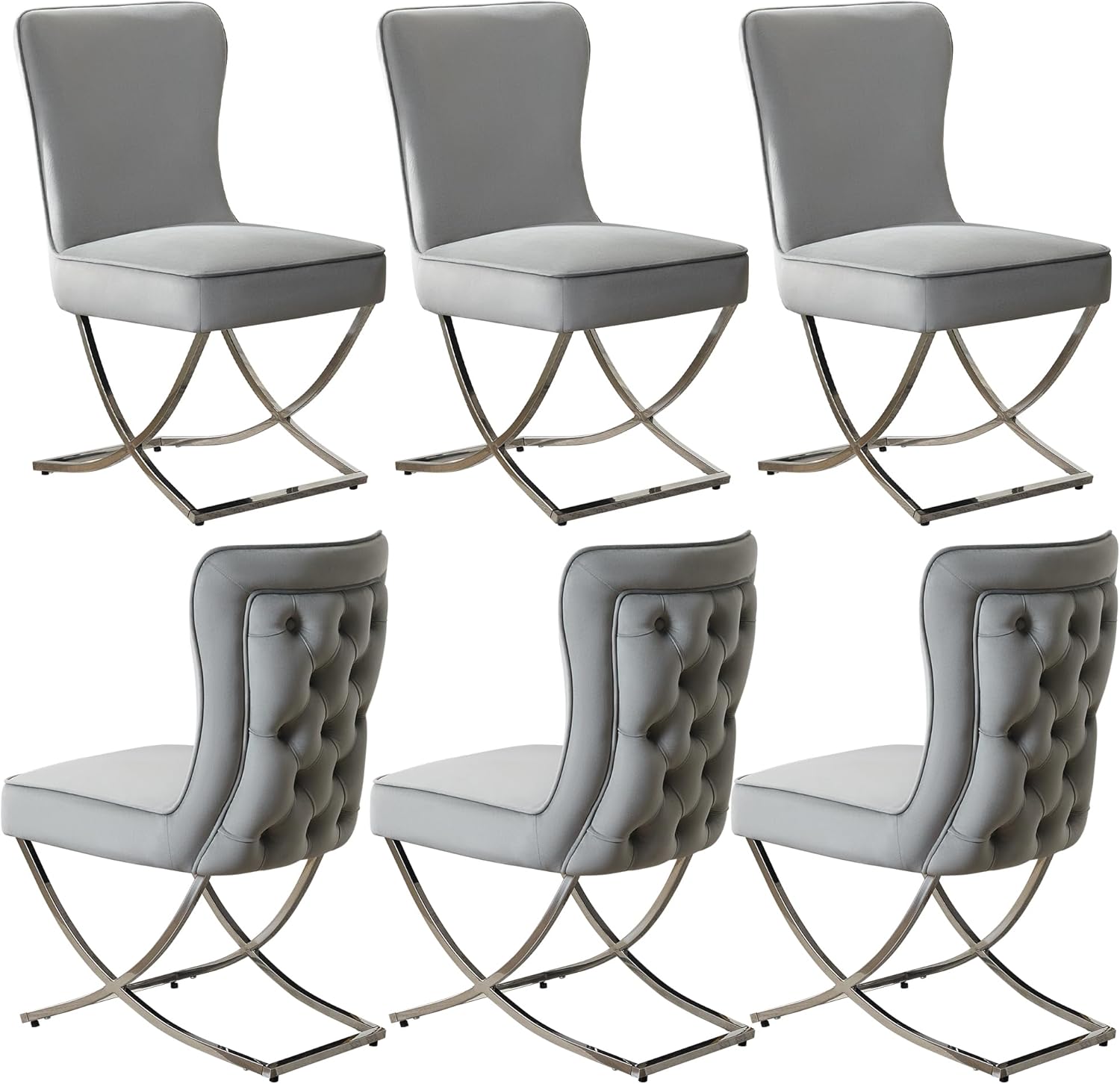 WUTUTUEE Luxury Velvet Dining Chairs, Tufted Upholstered Armless Accent Chairs with Silver Metal X-Legs, Modern Glam Dining Room Chair Set of 6, Light Grey