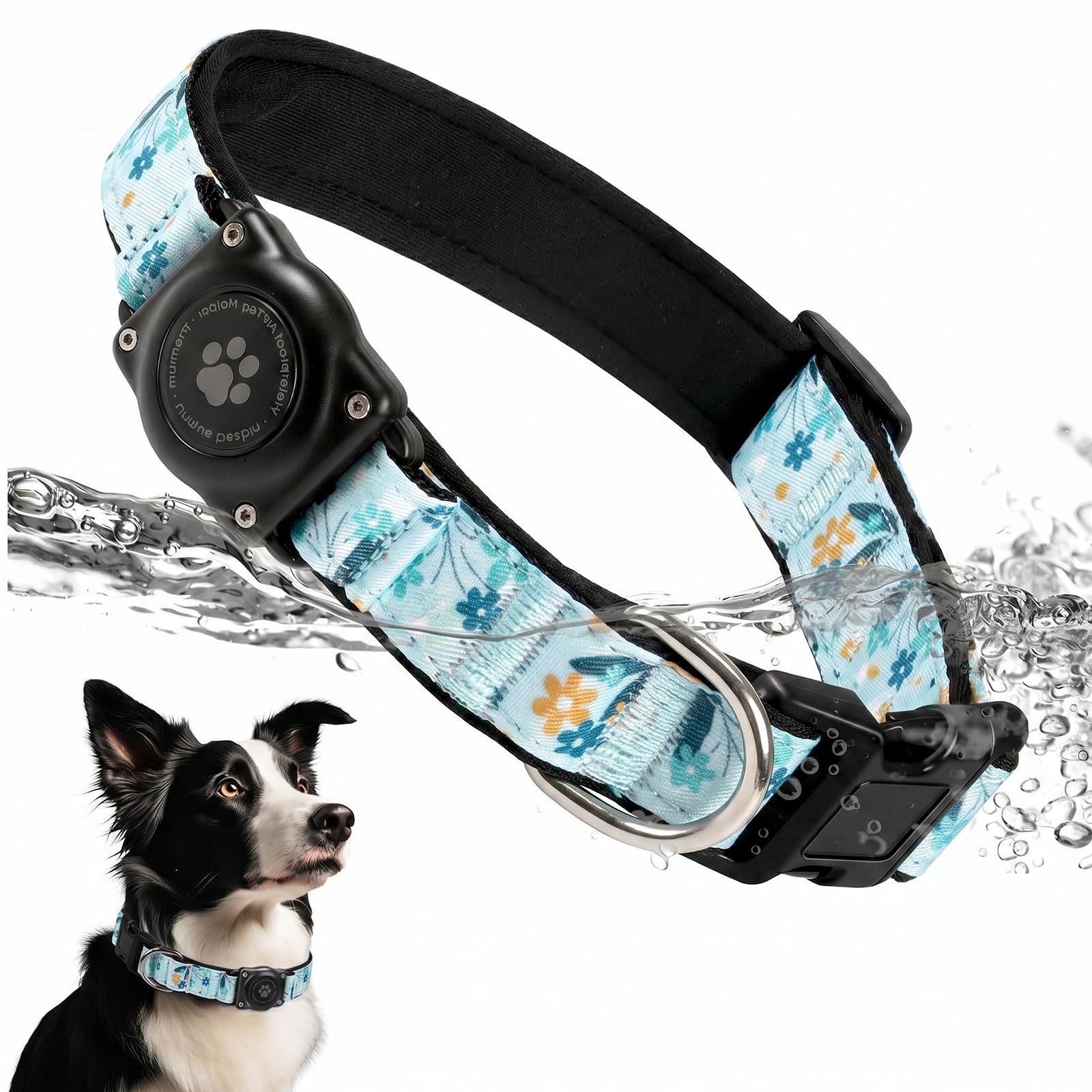Upgrade Dog Collar with AirTag Holder, IP68 Waterproof, Blue Meadow, L