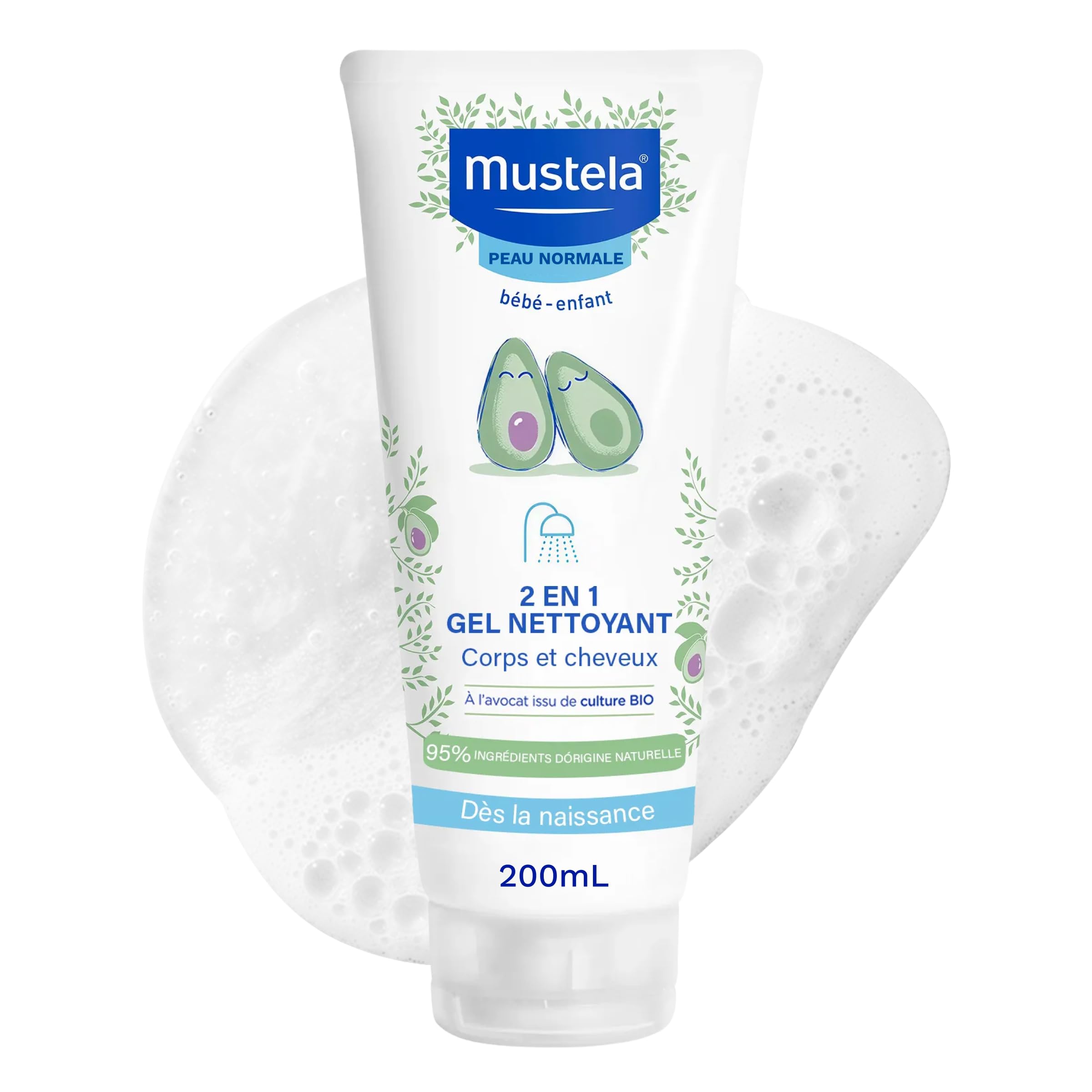 Mustela - Gel Nettoyant 2 en 1 Bébé à l'Avocat Bio - Shampoing qui Nettoie Corps et Cheveux Sans Piquer les Yeux - A base de Perséose® d'Avocat - Gel Lavant Bébé Format Voyage 200ml - Toilette Enfant
