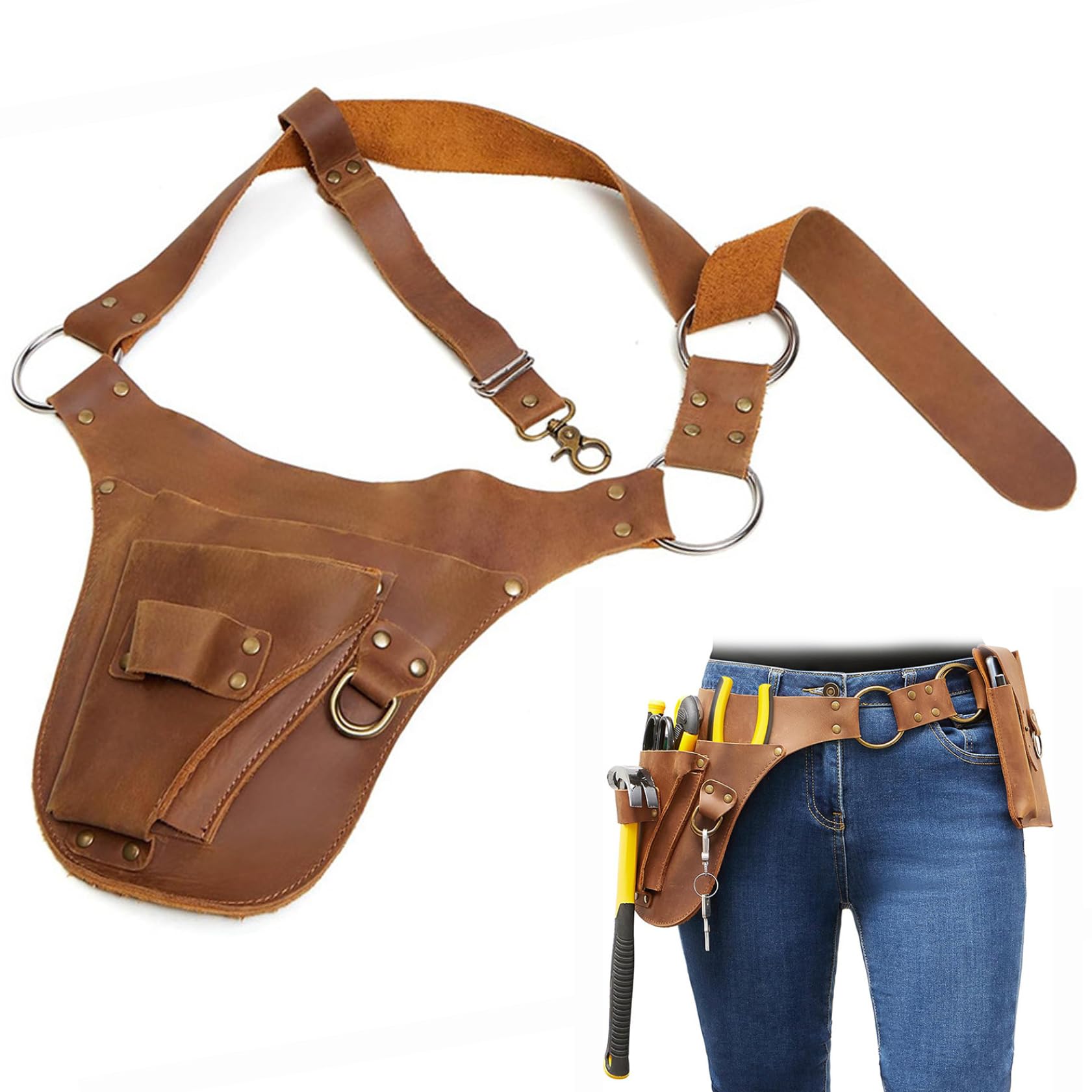 Yeaxxsqy Women's Brown Garden Tool Belt, Portable Heavy Duty Pu Leather Garden Tool Organizer Multi-Functional Gardening Pouch For & Men Gardeners, Gardening Belt
