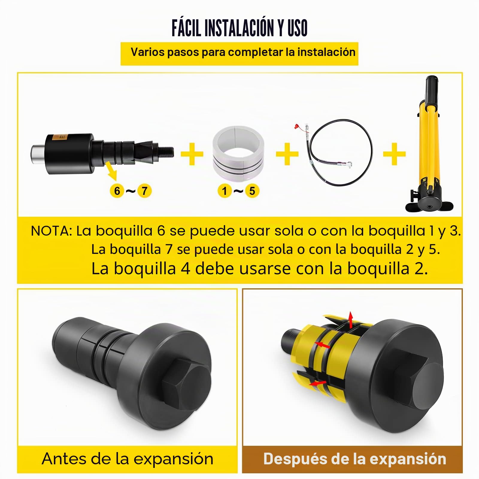 VEVOR Expansor de tubo de escape hidráulico tamaño 1-5/8" a 4-1/4" estirador de tubo hidráulico manual 10T 4 troqueles 2 cajas de almacenamiento para tubos de cobre y aluminio reparación de automóvil