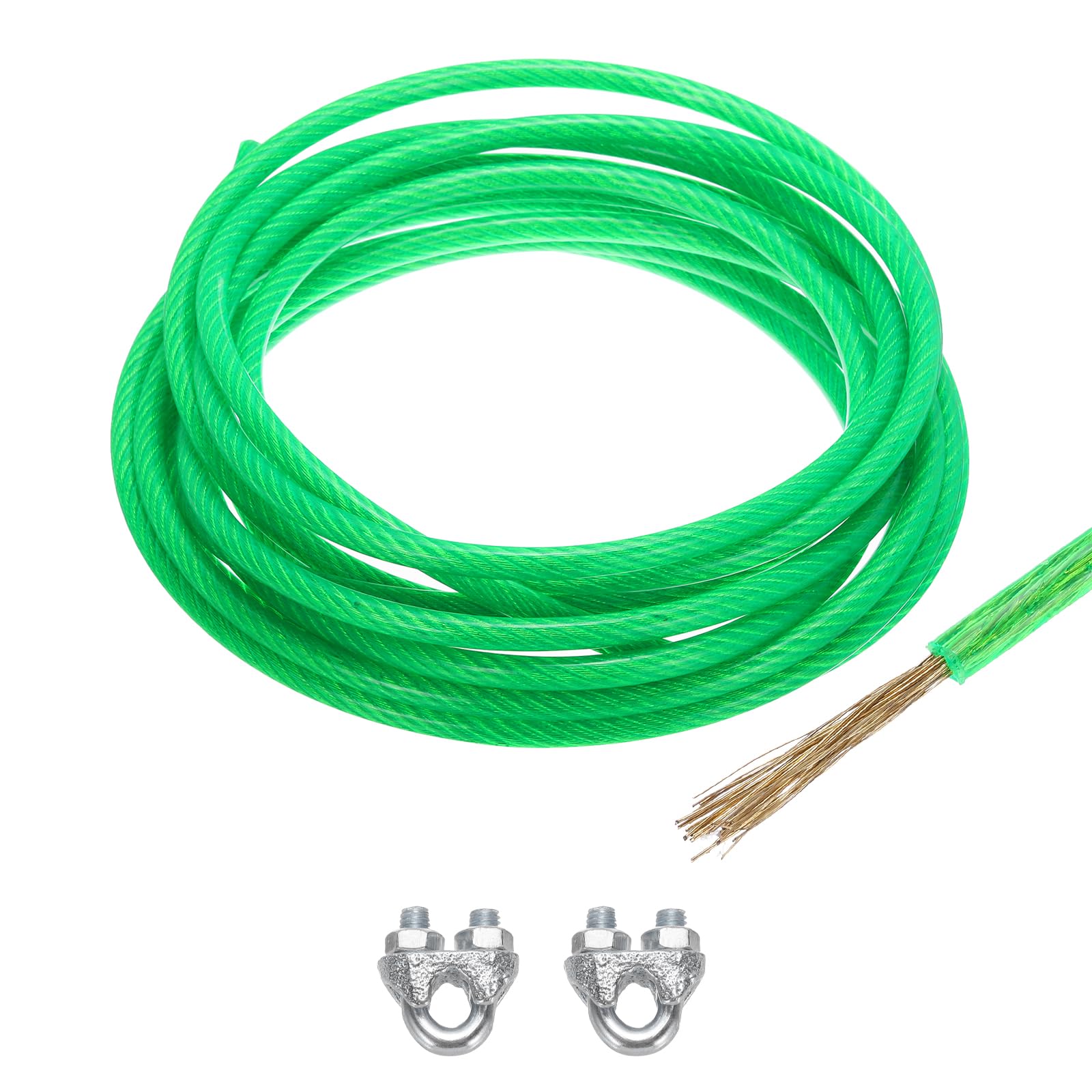 MECCANIXITY 8mm (5/16 inch) Green Vinyl Coated Wire Rope, 6m /20ft Galvanized Steel Cable Wire Rope with 2PCS M8 Loop Sleeves for String Light Hanging, Deck Railing, Garden Wire