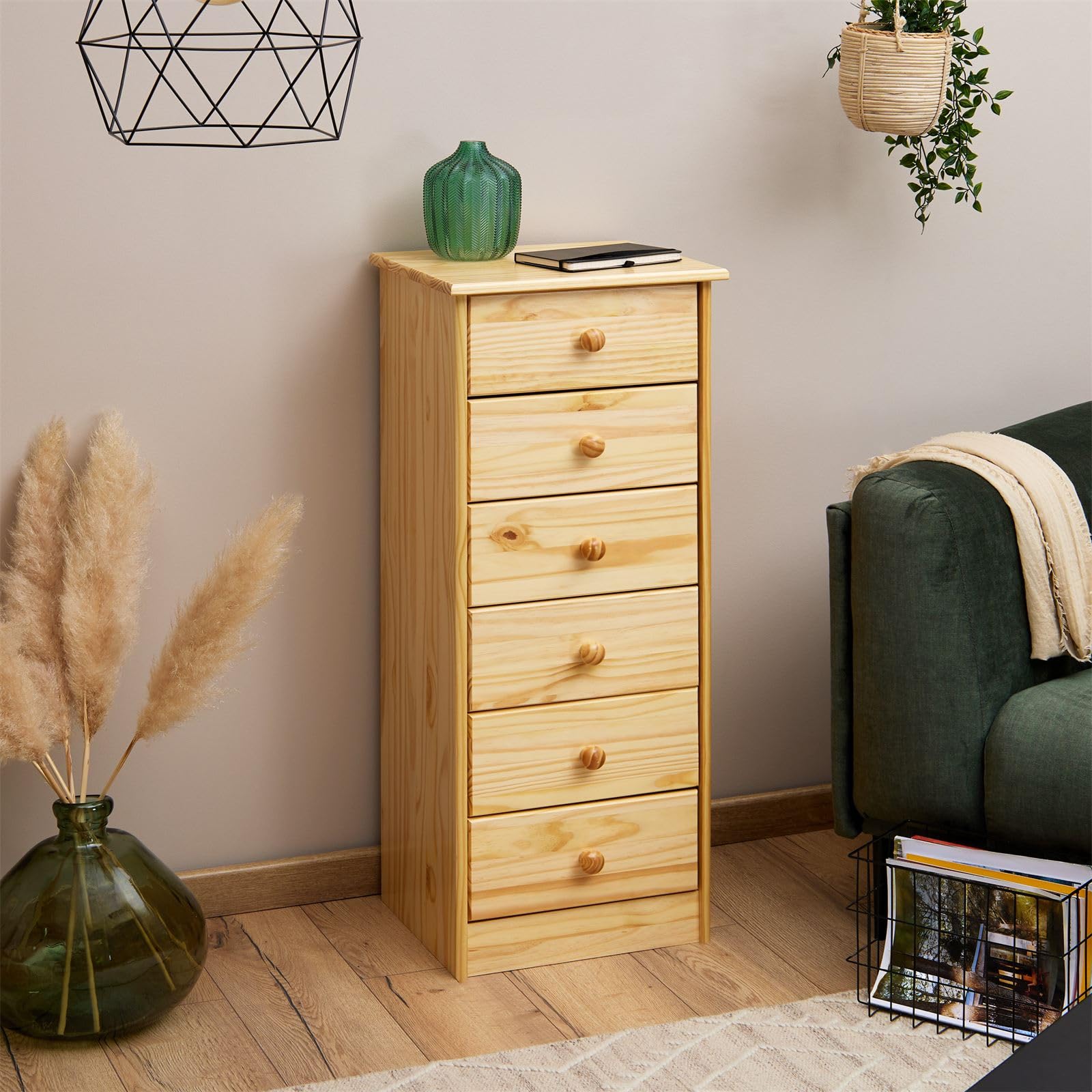 IDIMEX Kommode Hochschrank Anrichte Rondo, 6 Schubladen, Kiefer massiv, Natur lackiert