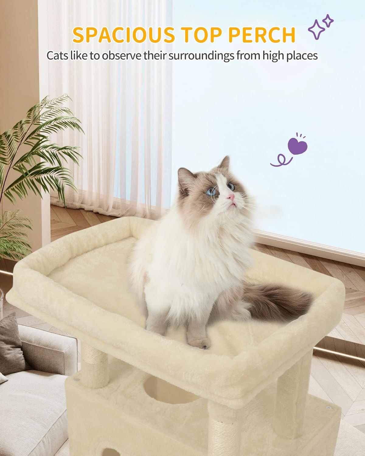 Hzuaneri Cat Tree, 82.6" Large Cat Tower for Indoor Cats, Multi-Level Cat House with Condo, 8 Scratching Posts, Hammock, 4 Pom Poms, Beige MS21018YL