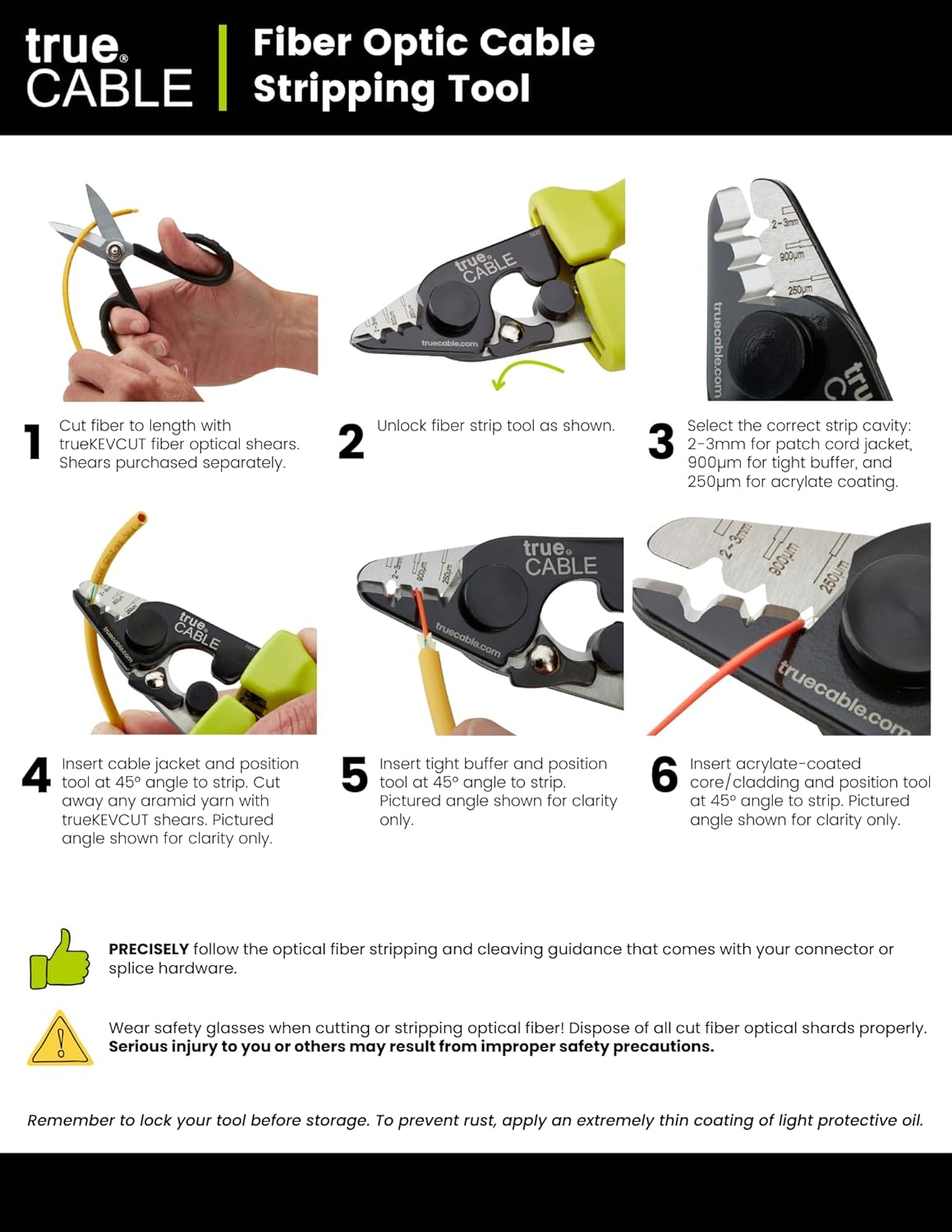 trueCABLE Professional Grade 3 in 1 Fiber Optical Cable Stripper, Precision Angled Jaw, 6" Fiber Optic Stripper Tool with TPU Grip for 1.6-3.0mm Jackets, 250-900μm Tight Buffer & Loose Tube