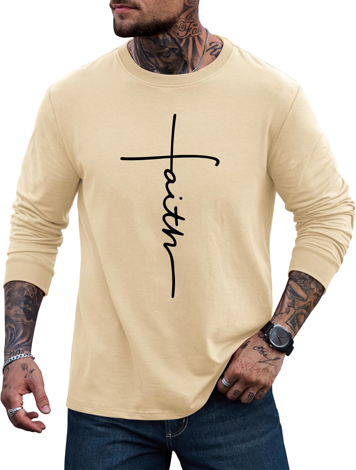 Mens Graphic Tshirt Casual Print Stretchy Long Sleeve Crewneck Tee Shirt (S-XXL)