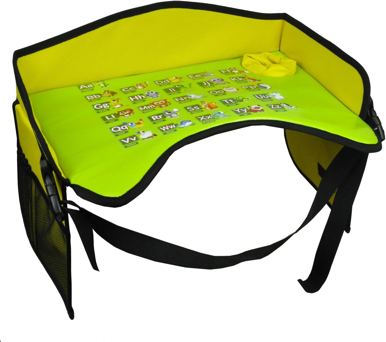 Childrens Travel Tray - Kids Snack and Play Tray Waterproof with Cup Holder -for Cars- Bus- Train - Planes -Yellow Car Seat On The Go Play Tray for Kids Travel - by Genio Baby