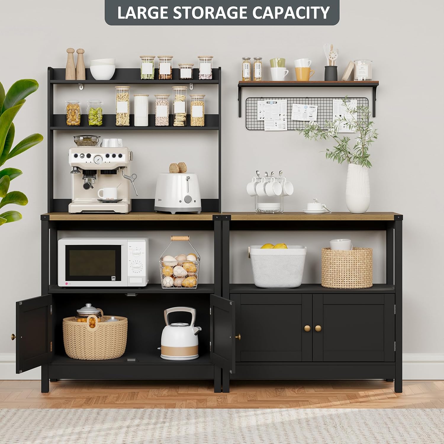 Lomojo Microwave Stand Bakers Rack Cabinet, Freestanding 5-Tier Kitchen Shelves, Farmhouse Floor Hutch Door Thickened Counter,Utility Storage Shelf, Coffee Bar (Black)