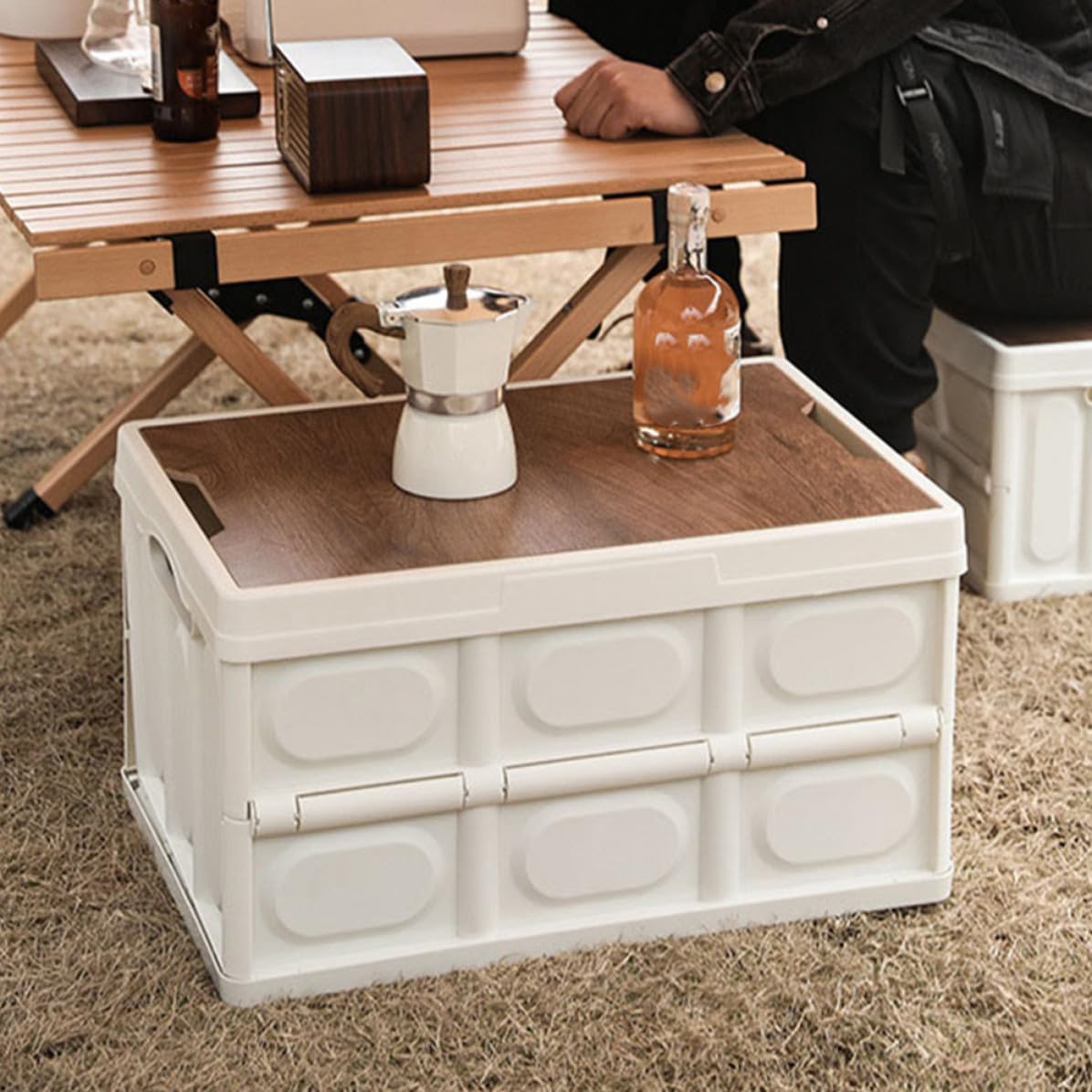 Caja de Almacenamiento Plegable, Contenedor de Almacenamiento, Pequeño 38,5x27x21cm, Pp y Tablero de Madera, Tapa, Blanco, para Ropa y Ropa de Cama, para Camping y Maletero