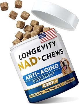 STRELLALAB NMN Supplement NAD+ Longevity for Dogs - Quercetin, Resveratrol | Energy Boost for Senior Dogs, Canine Cognitive Supplement for Brain Health - Anti Aging Support Chews - 90Ct