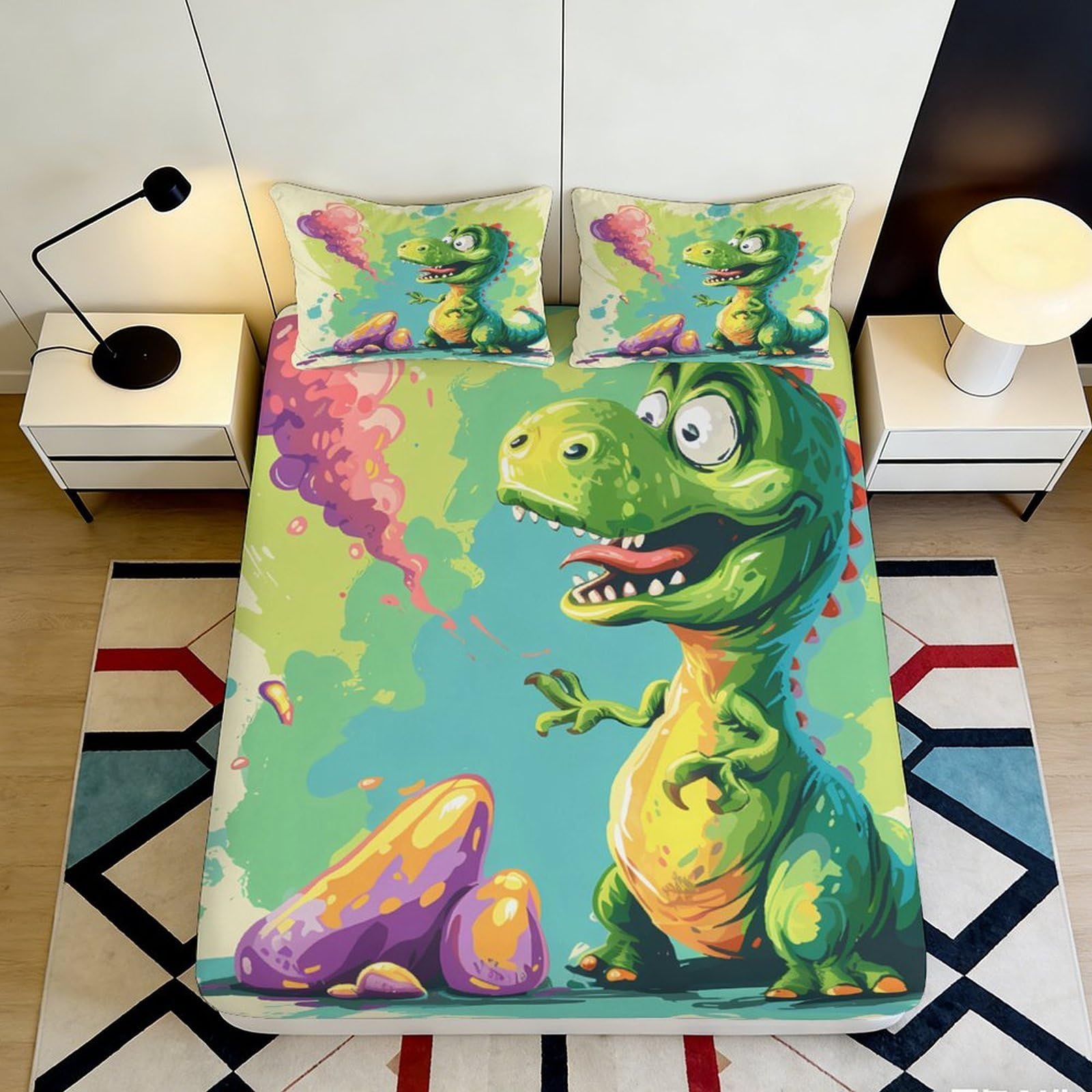 3D Printed Cartoon Dinosaur Fitted Sheet Microfiber Soft Green Egg Pattern Mattress Cover for Bedroom Dorm Decor 160x200x25cm