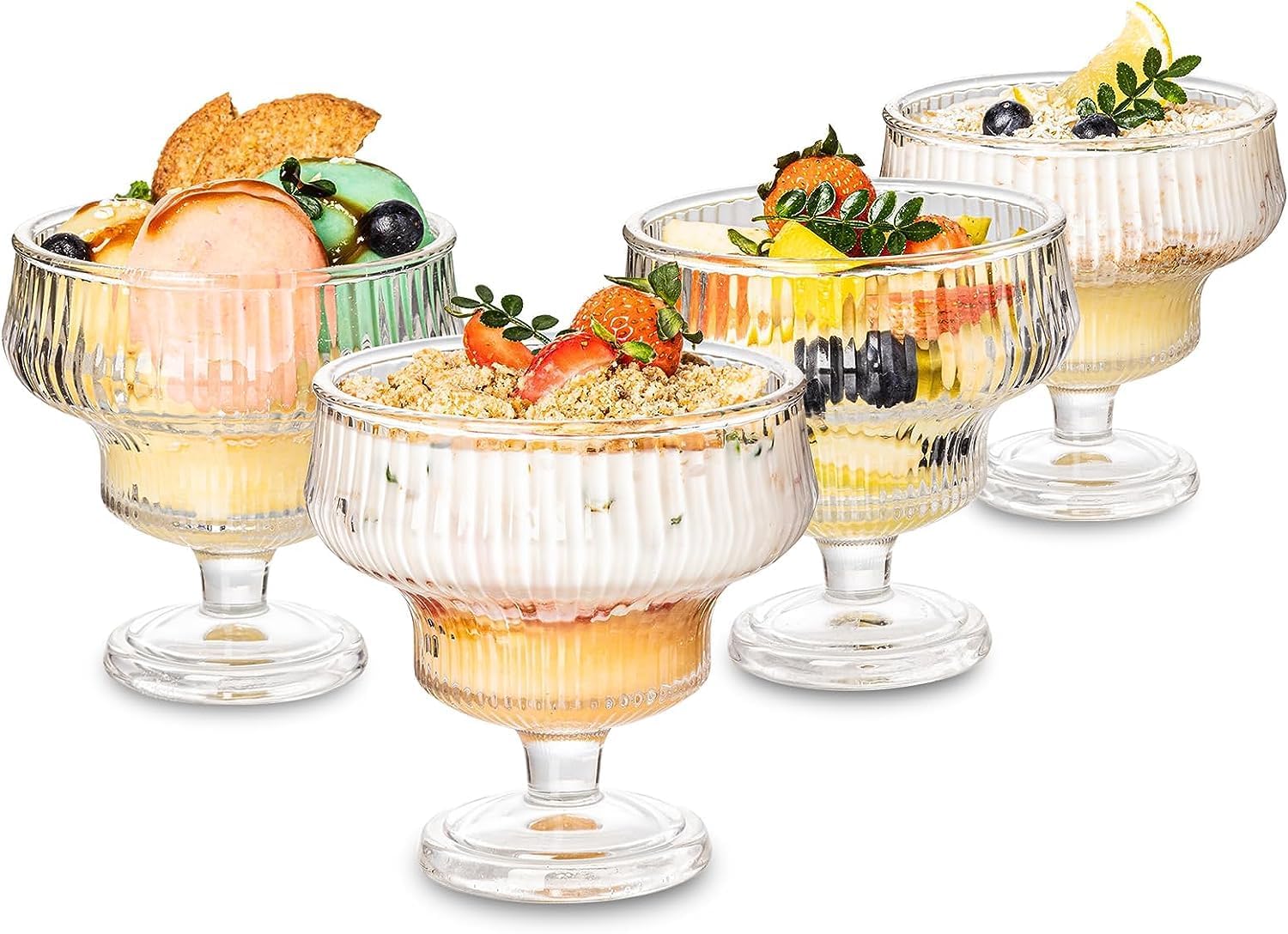Red-Rubby Ice Cream Sundae Glass Bowl Set of 3, Clear Stripes Footed Dessert Bowls, Glass Dessert Cups Perfect for Sundae, Ice Cream, Fruit, Salad, Cocktail, Trifle 300ml (3) 4