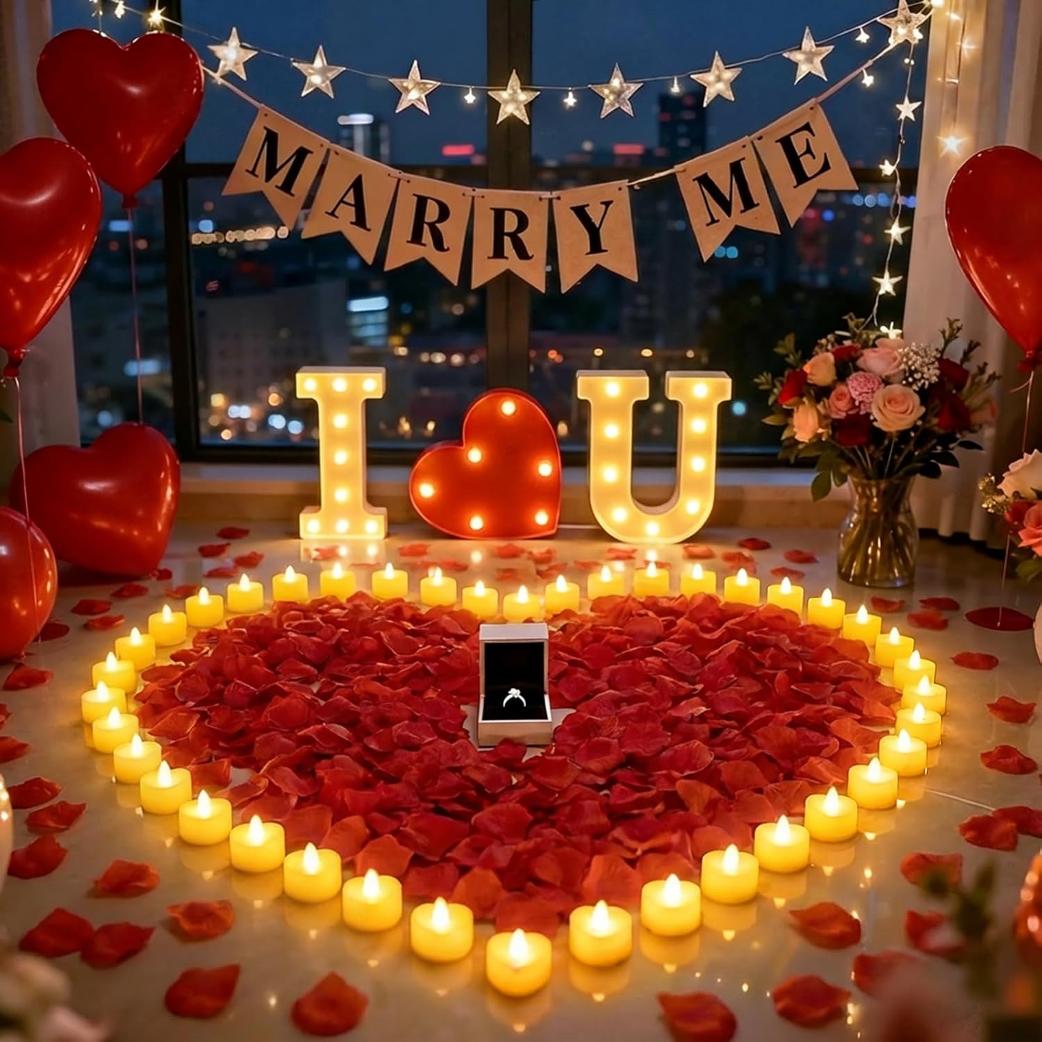 Valentines Day Decorations Proposal Kit - Light Up I Love U Sign, 2000 Red Rose Petals, 30 Flameless Candles, 30 Red Heart Balloons, Romantic Decorations for Special Night, Outdoor Proposal - Image 2