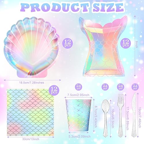 Miniatura 14 de 144 piezas de suministros de fiesta temática de sirena, decoraciones de fiesta bajo el mar, vajilla de fiesta incluye platos de almeja, servilletas