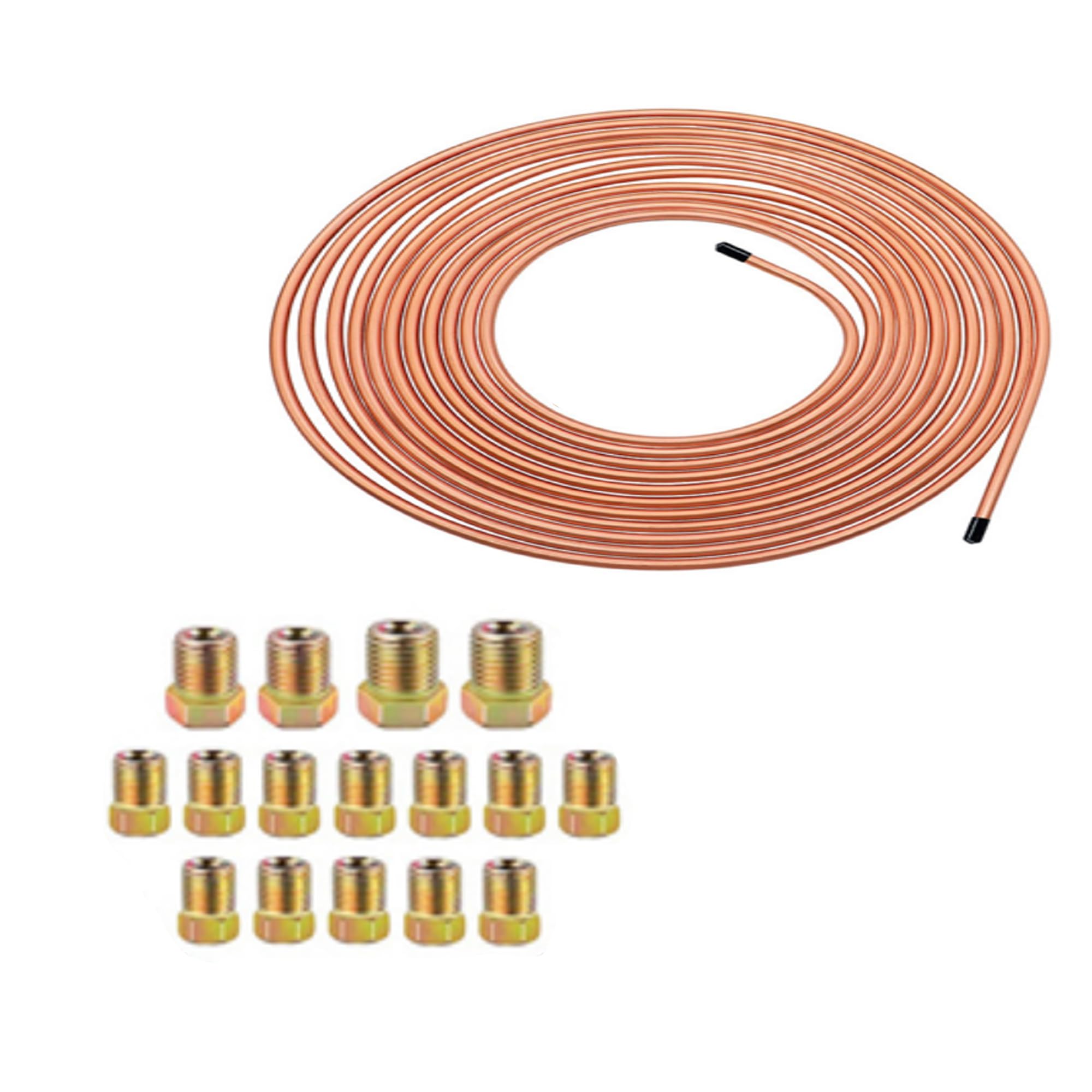 Tuyau de Frein en Cuivre 25ft/7,62m Ø 4.75mm, Kit de Conduite Générale de Frein Replacement, Auto Tube Tuyau de Carburant Frein, 3/16" de Rechange pour Automobile avec 16 Raccords