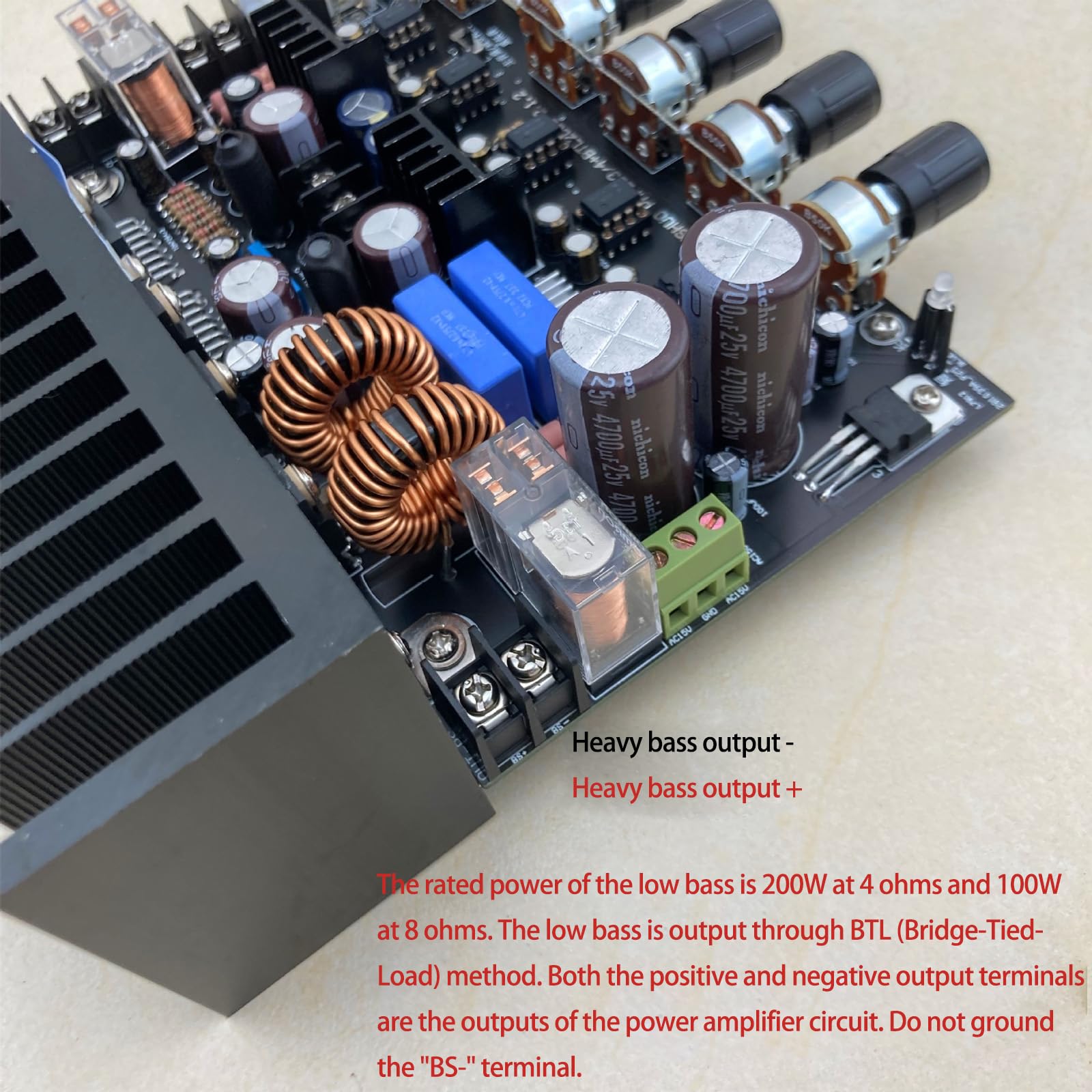 Placa de circuito amplificador integrado de 2.1 canales, doble entrada de potencia, 100 W, 200 W, acabado de salida de subwoofer con disipador de calor de metal, salida de batalla, placa