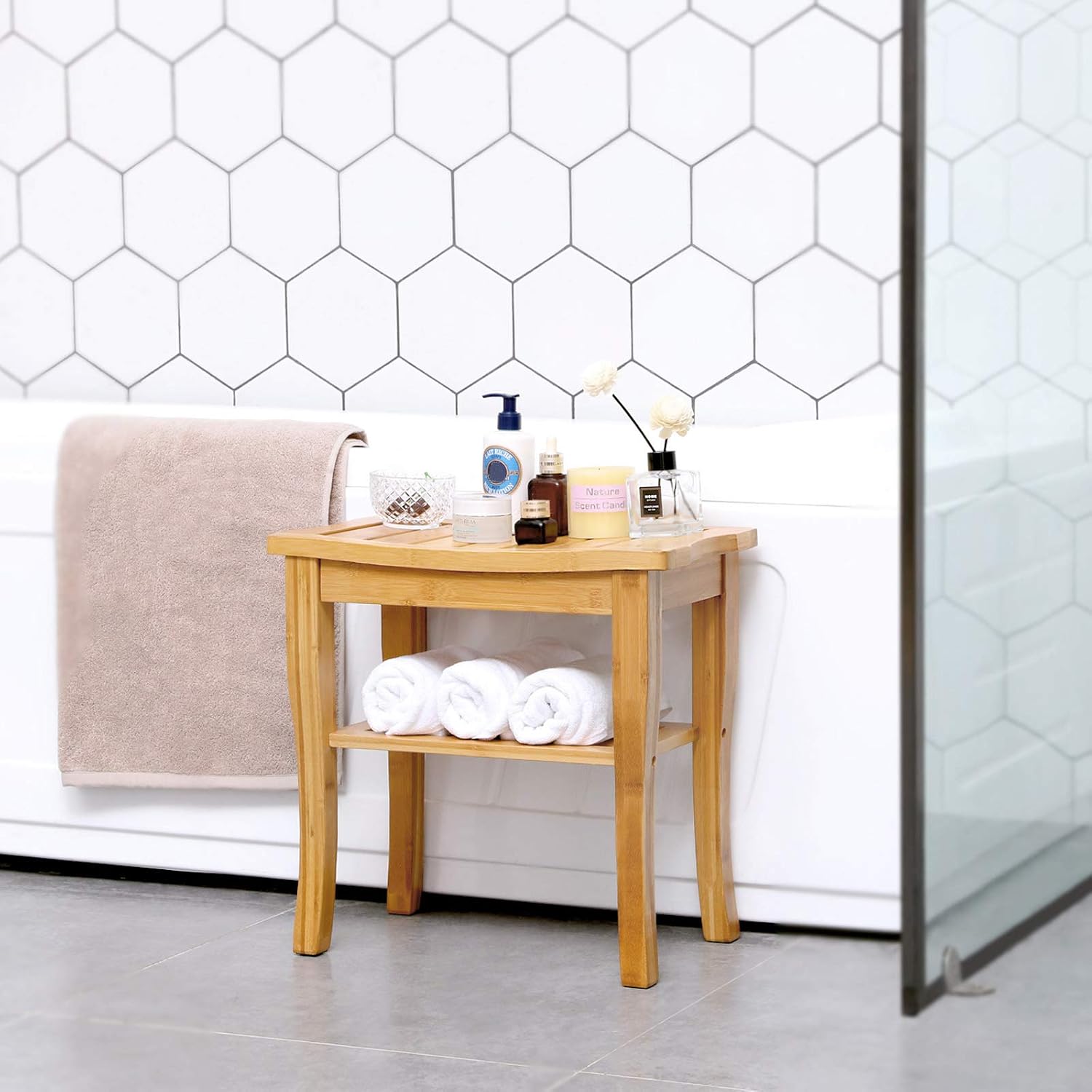 SONGMICS Bamboo Shower Bench Seat with Storage Shelf, Shower Spa Chair Seat Bench for Indoor or Outdoor, Natural UBCB21Y