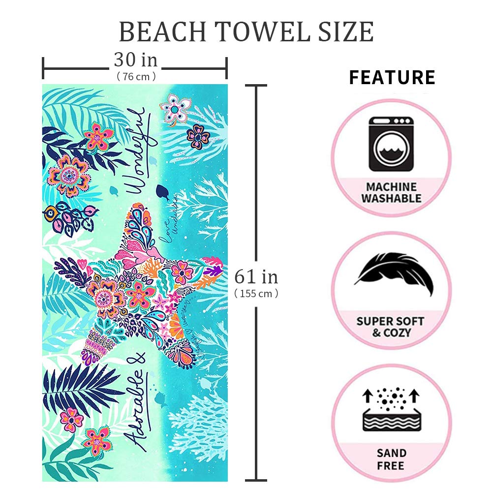 Toalla de playa de microfibra, sin arena, de secado rápido, ligeras, toallas de viaje de gran tamaño, diseño de estrella de mar, 30 x 60 pulgadas, toallas de playa para niños, mujeres, hombres 2
