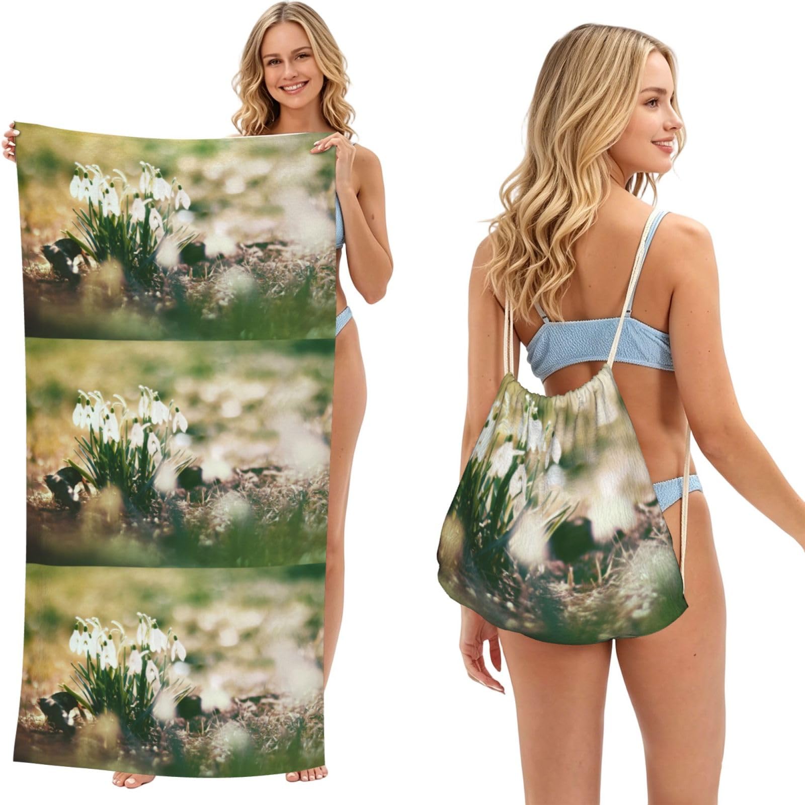 Poadnly As Picture Wild Spring Snowdrop, 2 In 1 Packable Towel Bag, Beach Towels With Drawstring Backpack For Travel Holiday Camping