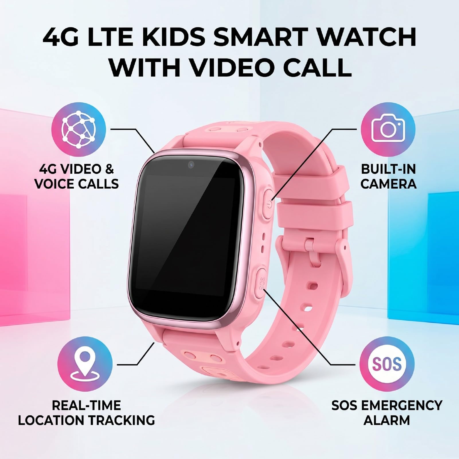 banapoy Reloj Inteligente para Niños 4G LTE con Videollamada (Pink) | Pantalla Táctil de 1,83 Pulgadas, Resistente Al Agua IPX7, Batería de 730 MAh, Alarma SOS, Modo Aula