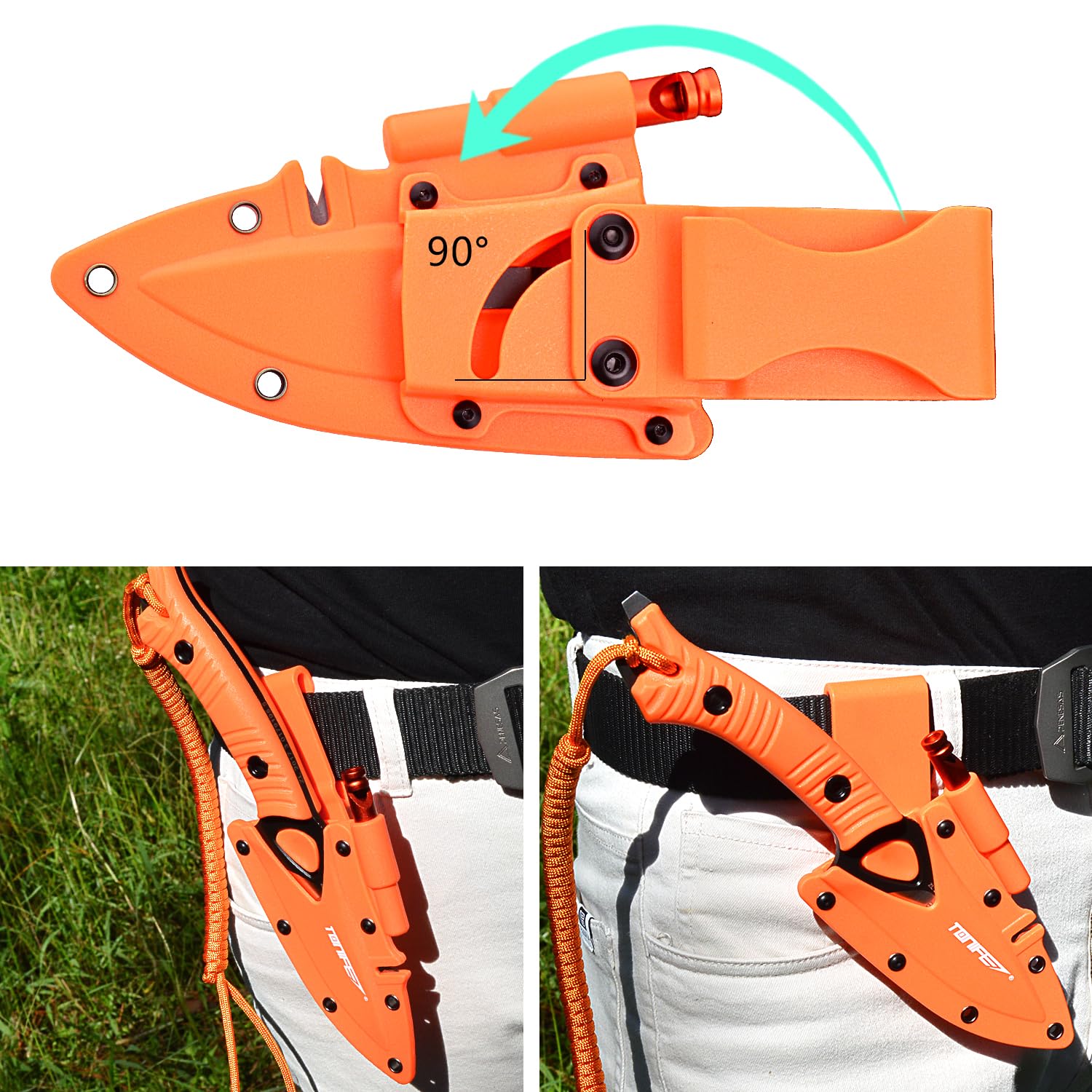 TONIFE Explorer Nóż ze stałym ostrzem z pokrywą 8Cr14MoV Blade wielofunkcyjny nóż survivalowy, wzmocniony włóknem szklanym z nylonowym uchwytem do noża EDC (pomarańczowy+czarny tytan i satyna)