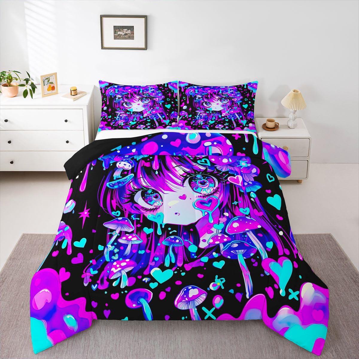 Erosebridal Japanese Girl Bedding Full,Cartoon Girly Comforter Set 3D Anime Gifts Bed Sets Colorful Graffiti Print Duvet Insert 3 Pieces
