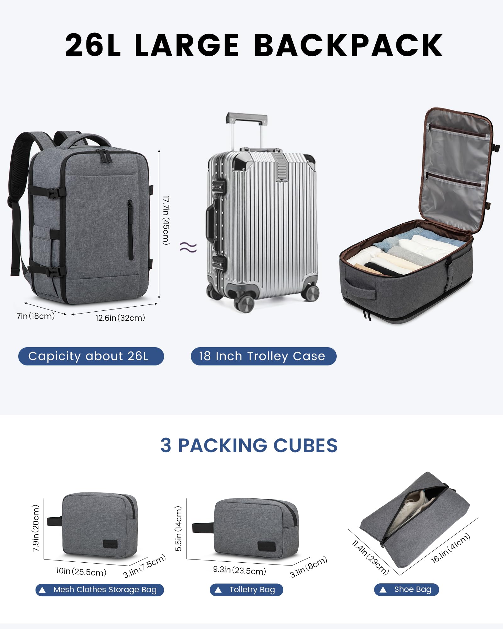 LOVEVOOK Zaino da Viaggio Aereo Bagaglio a Mano Borsa da Cabina per Easyjet 45x36x20 Impermeabile Antifurto Zaino Viaggio Uomo Donna 15,6 Pollici Zaino Porta PC per Scuola Lavoro Trekking, Grigio