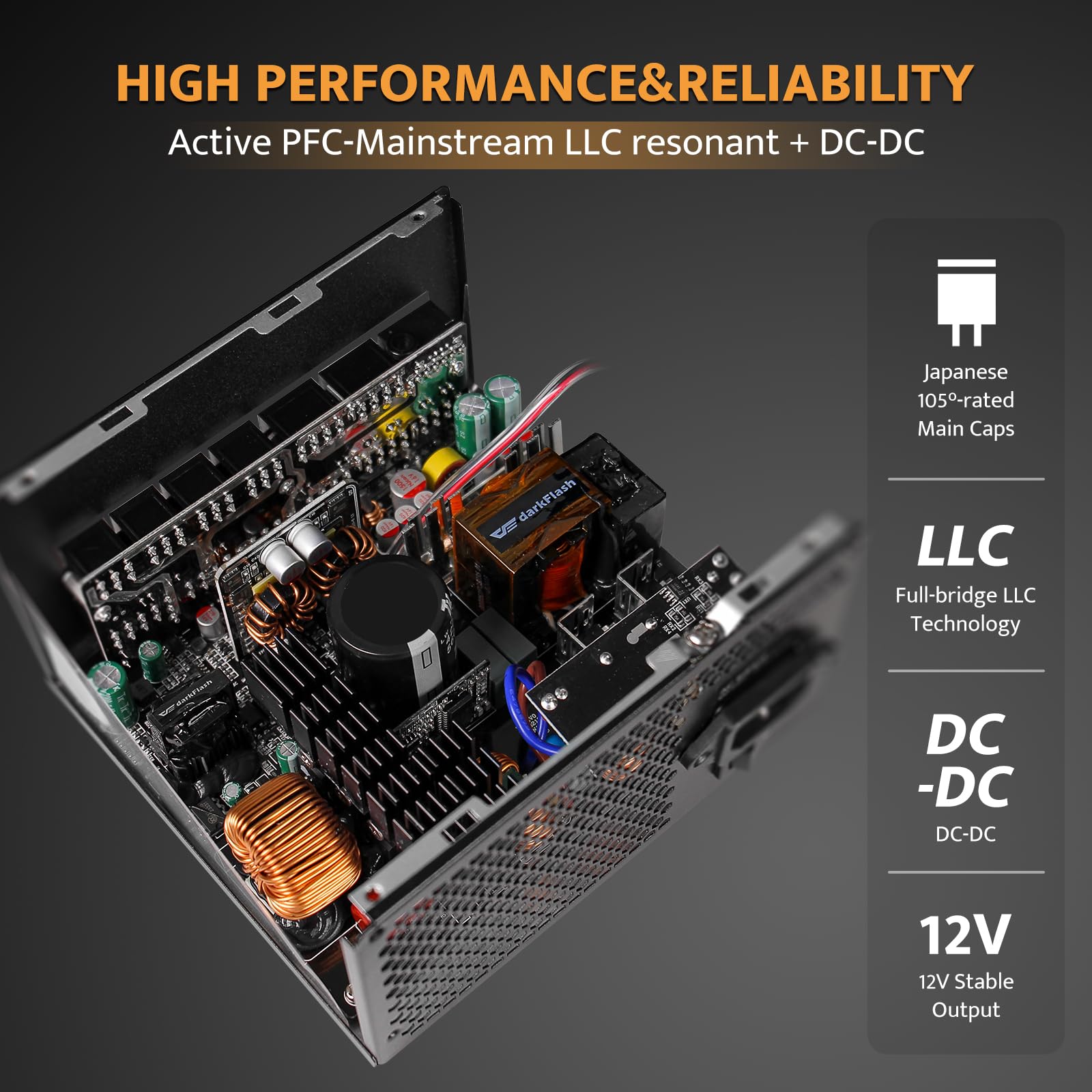 darkFlash PMT850 W pełni modułowy zasilacz ATX 3.1 i PCIe 5.1 Ready, kabel 12VHPWR w zestawie, 100% japońskie kondensatory 105°C, 80 Plus Gold Gaming PSU, kompaktowy rozmiar 150 mm, 5 lat
