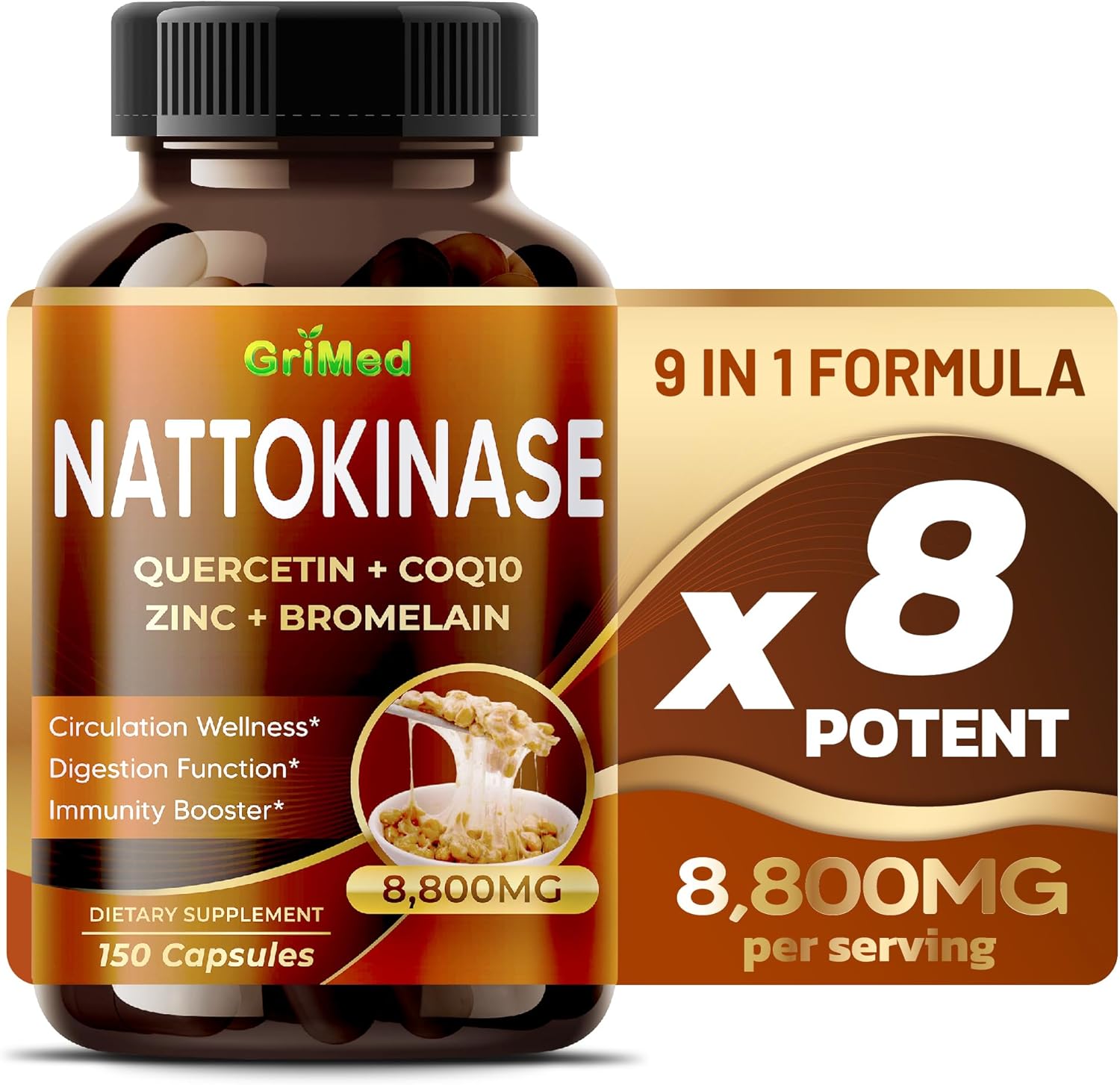 Nattokinase 8,800mg X8 Power with Quercetin, CoQ10, Zinc