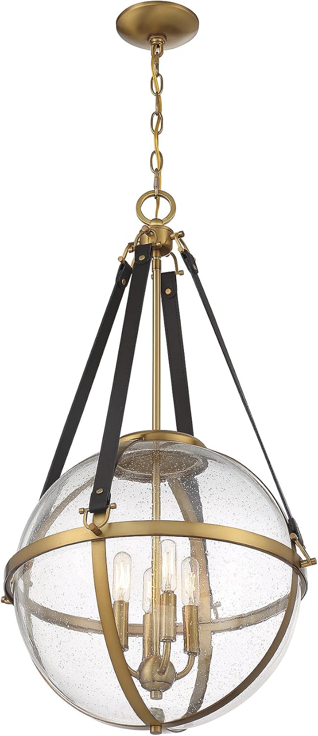 Savoy House 7-1836-4-322 Bozeman Rustic Equestrian-Inspired Seeded Glass Pendant with Chocolate Leather Band, 4-Light 240 Total Watts, 33" H x 18" W, Warm Brass