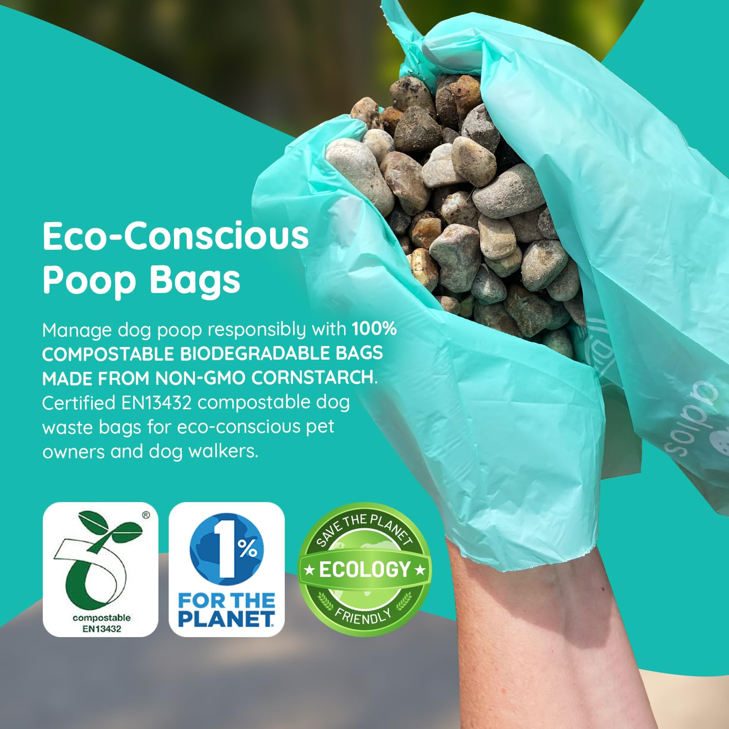 Adios - Bolsas compostables para excrementos de perro, 360 unidades (24 rollos), colores arcoíris, extra gruesas, a prueba de fugas, a prueba de olores, hechas de almidón de maíz compostable, rollos