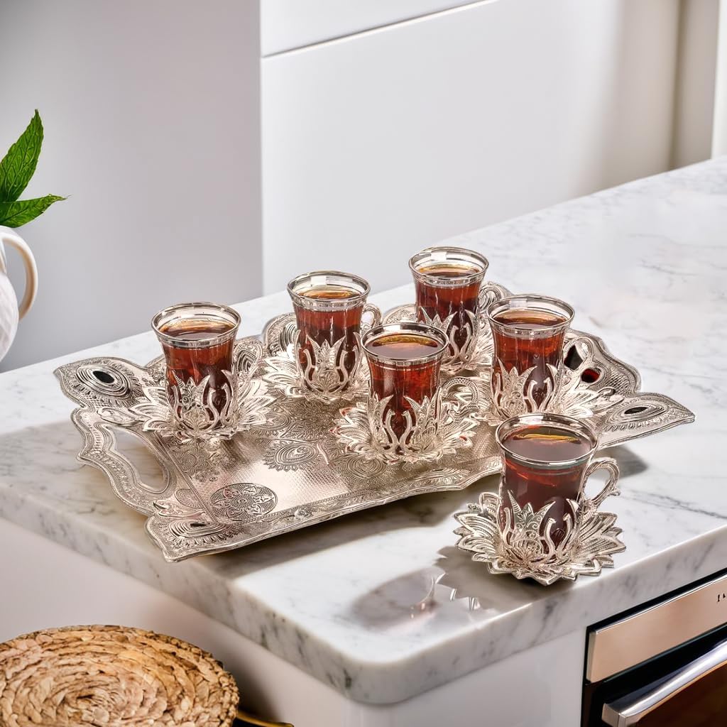 Vintage Handmade Turkish Tea Glasses with Saucer and Holders, Ottoman and Arabic Cups Set of 6 and Tray for Serving, Guests, Teatime, Dinner, Housewarming Gifts, Tableware - Silver