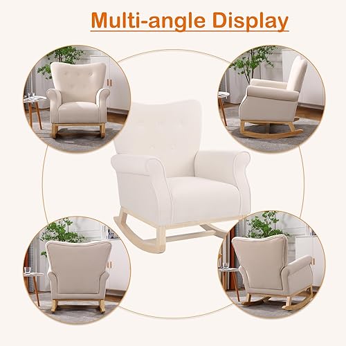 Miniatura 7 de FurniTribe Mecedoras para guardería, mecedora tapizada de madera con reposabrazos cómodos, mecedora de enfermería con patas de madera maciza para