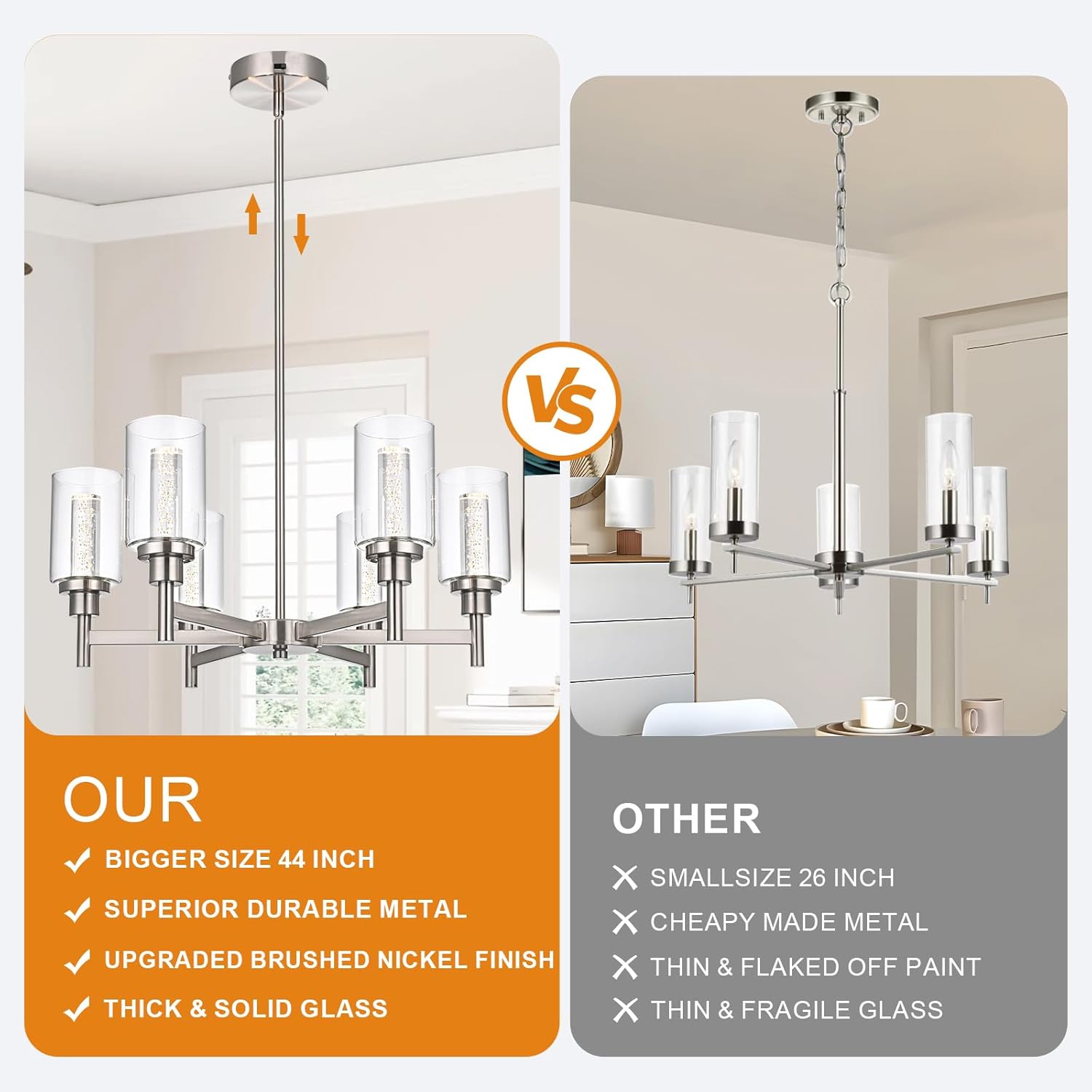 vinluz 6 ceiling light industrial chandelier brush nickel pendant lighting hanging fixture with cylinder clear glass for kitchen bedroom dining room brush nickel 6 light