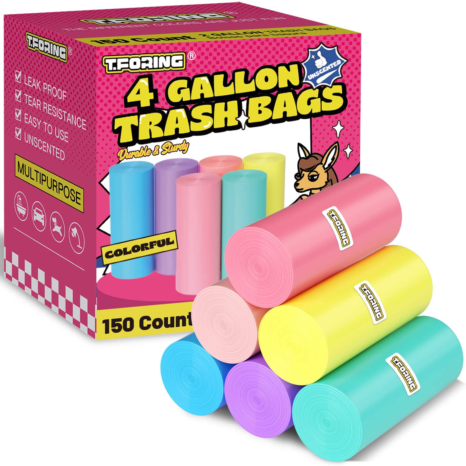 150 Count 4 Gallon Small Trash Bags - Colored Bathroom Garbage Bags Unscented Leak-proof, 15 Liter Plastic Wastebasket Can Liners for Office Bedroom Toilet and Car