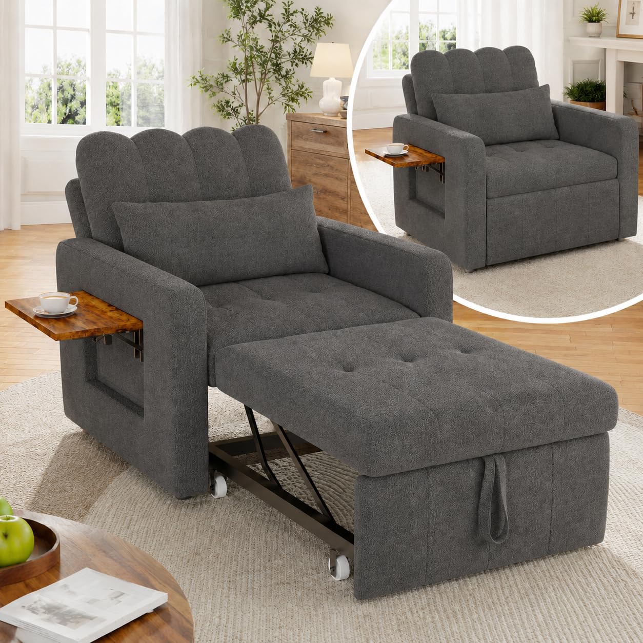 Schlafsessel 3 in 1,schlafsessel mit bettfunktion Ausziehbares Schlafsofa Schlaferstuhl mit Verstellbarer Rückenlehne Sessel mit Schlaffunktion GäStebett Klappbar mit Seitentasche (Grau)