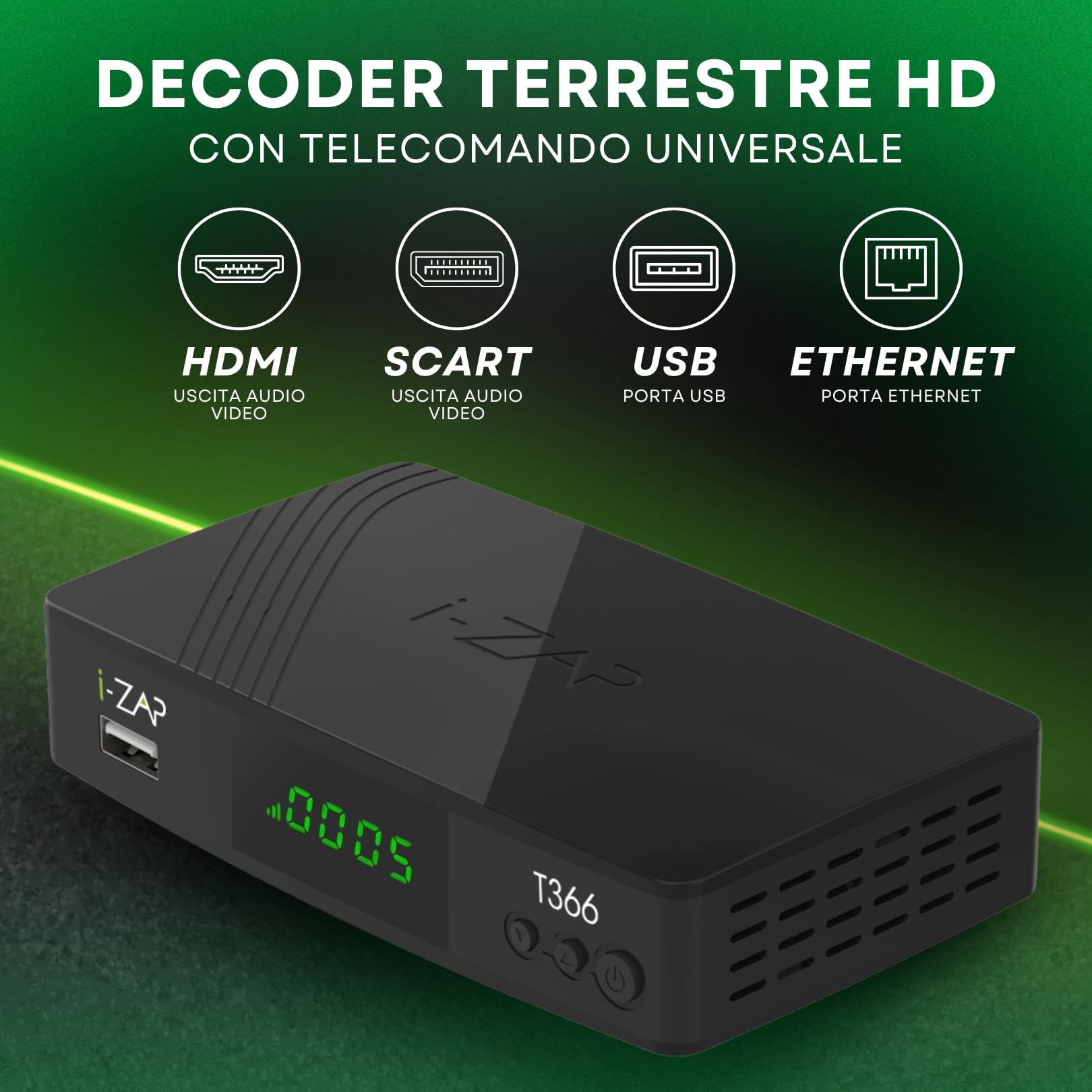 i-ZAP T366 - Decoder Digitale Terrestre 2025 DVB-T2 con Telecomando incluso. Presa HDMI, SCART, USB, ETHERNET