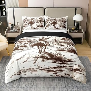 Western Cowboy Duvet Cover Set 100% Cotton Vintage Desert Horse Sketch Twin Size Bedding Sets Retro Farmhouse Comforter Cover for Adult Beige Brown Black Bedding with 1 PillowcaseNo Comforter