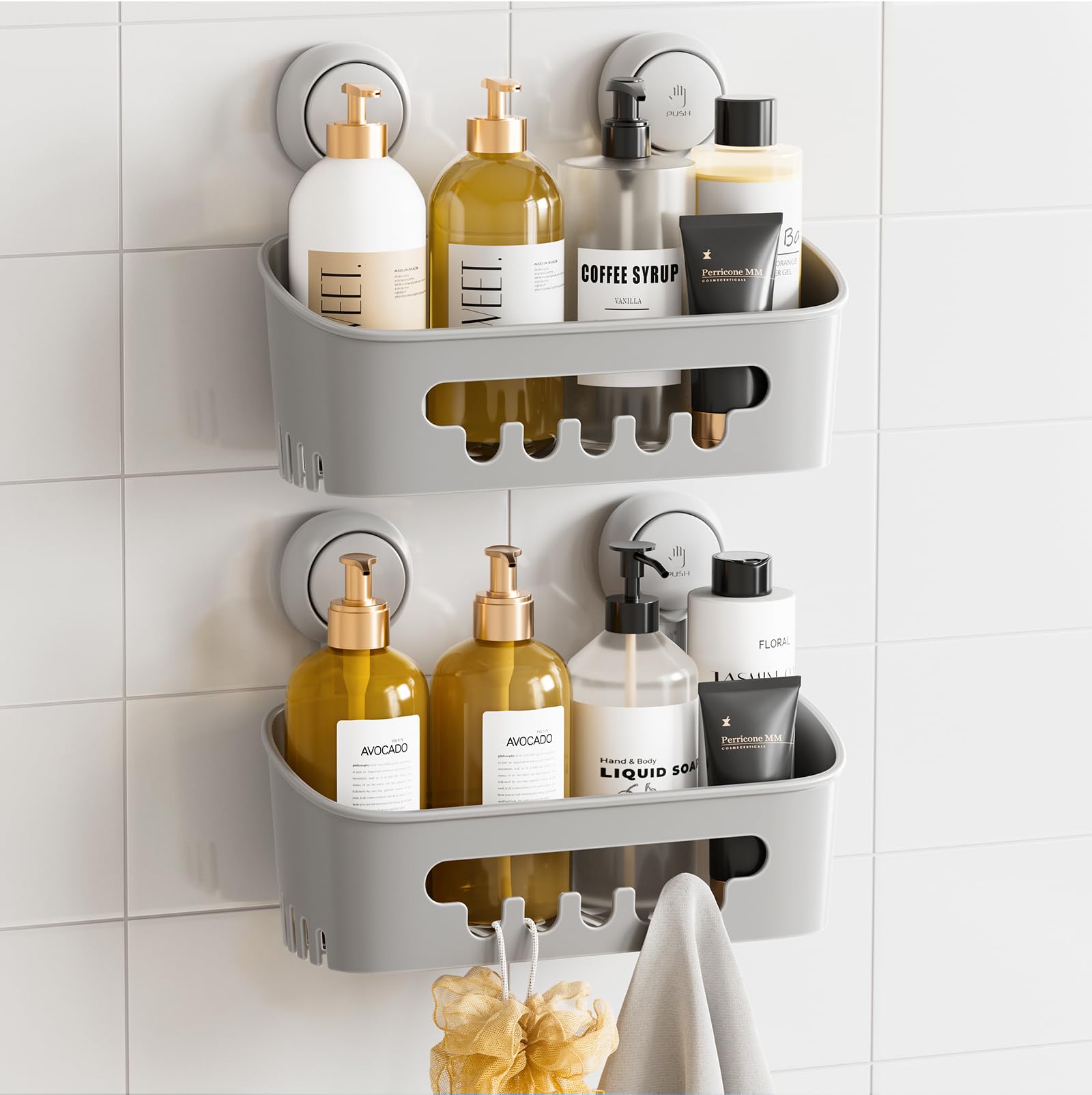 TAILI Shower Caddy Suction Cup 2 Pack Heavy Duty Bathroom Shower Organizer Removable Shelves for Inside Shampoo Wall Mounted Plastic Storage for Bathroom Accessories, Grey โ image 1