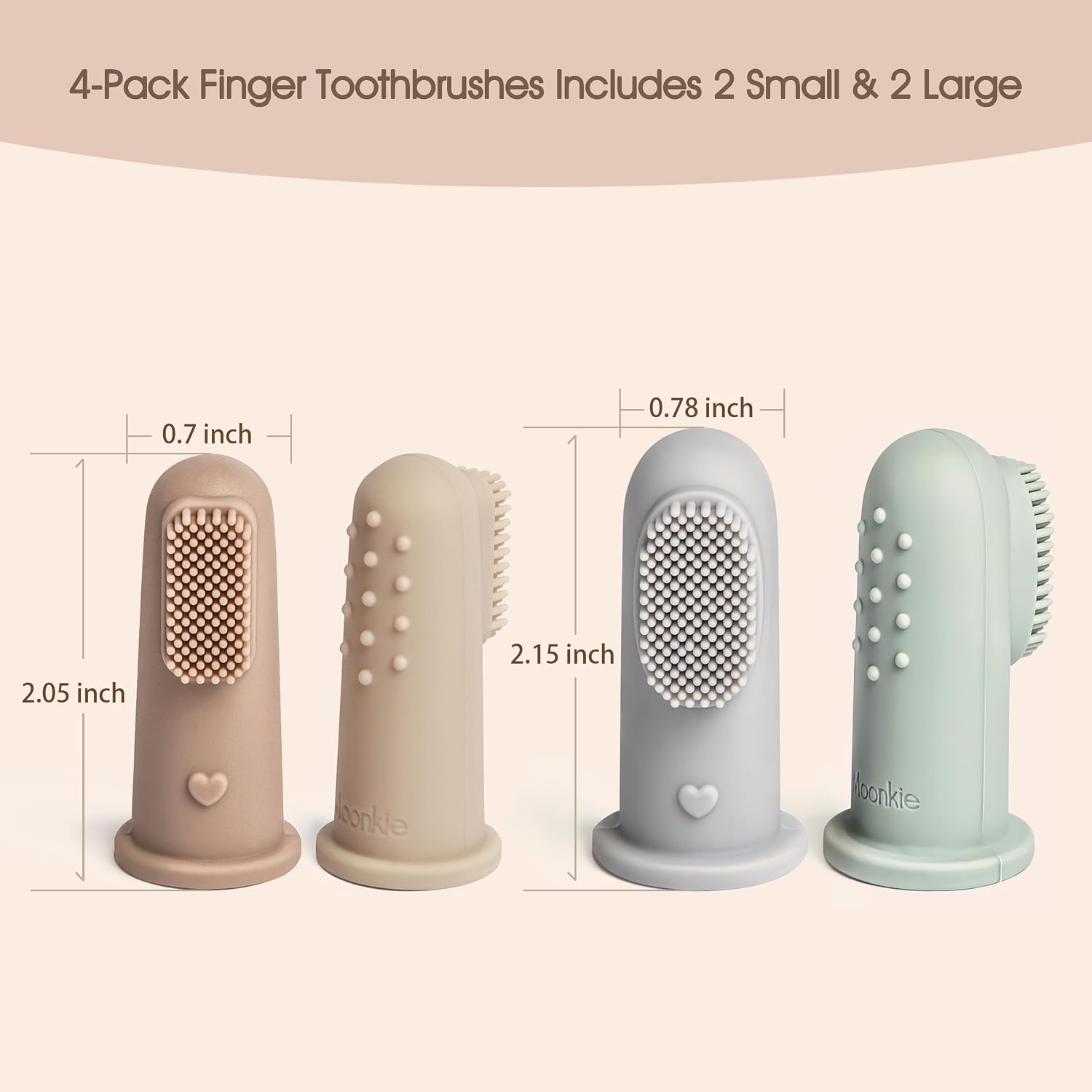 Moonkie Baby Toothbrush Finger Toothbrush Oral Cleaner Kit for 3 Months +, 4 Pcs Small (Sand/Warm Taupe)/Large (Blue/Mint)