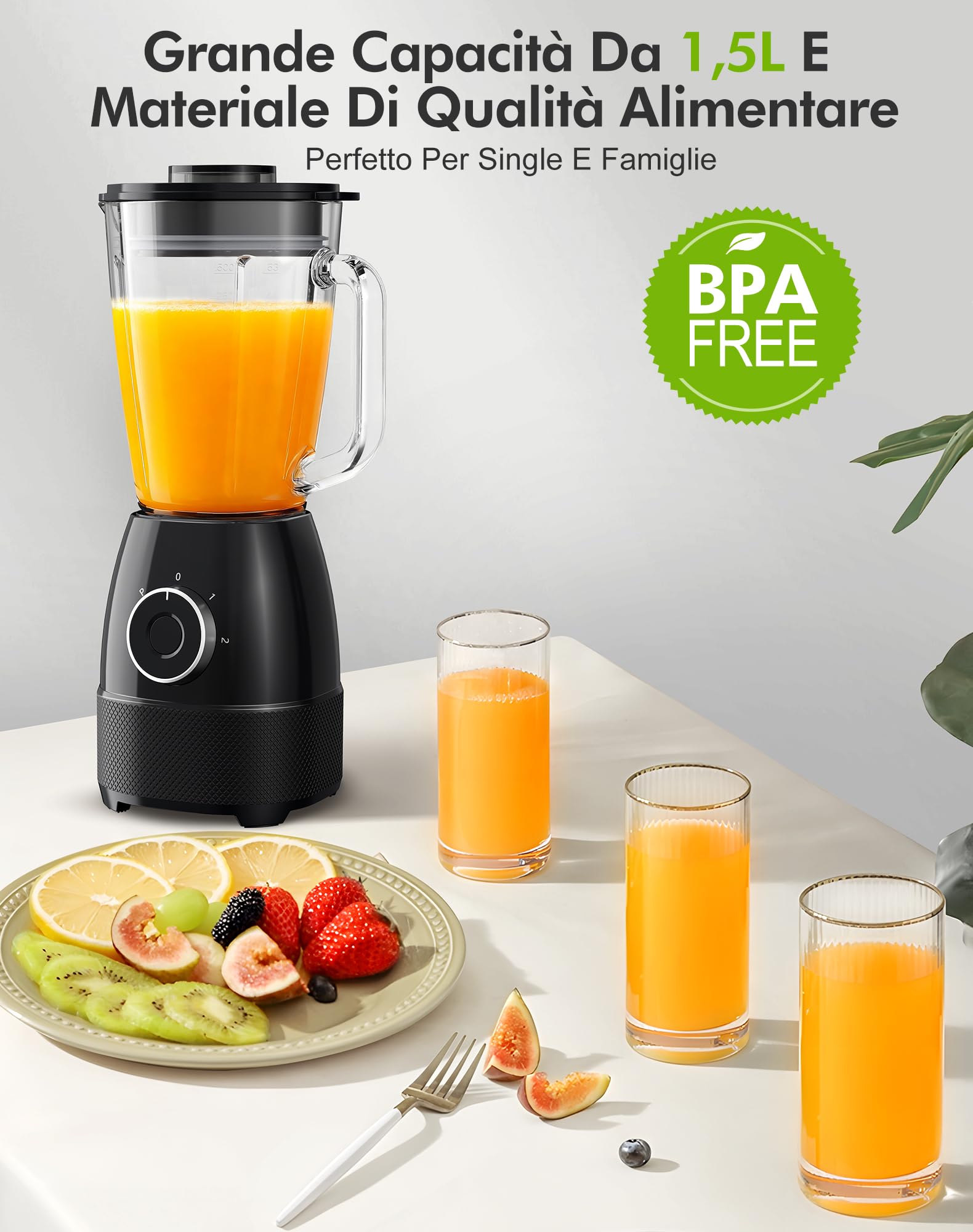 Frullatore, 1500W Elettrico Frullatore Smoothie con Caraffa in Vetro da 1,5L e Bottiglie Portatili 600ml, Velocità Regolabile, Lama in Acciaio Inox per Gelato, Frutta, Verdura
