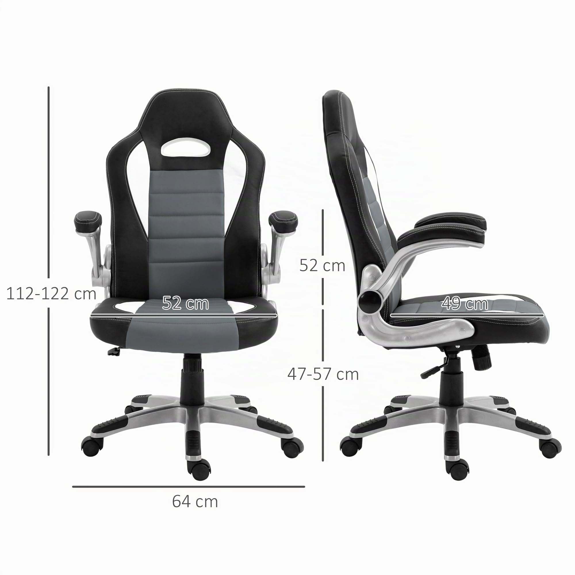 HOMCOM Silla de Oficina Silla de Escritorio Ajustable Silla de Despacho con Reposabrazos Abatibles 5 Ruedas y Función Basculante Carga 120 kg 65x69x112-122 cm Gris