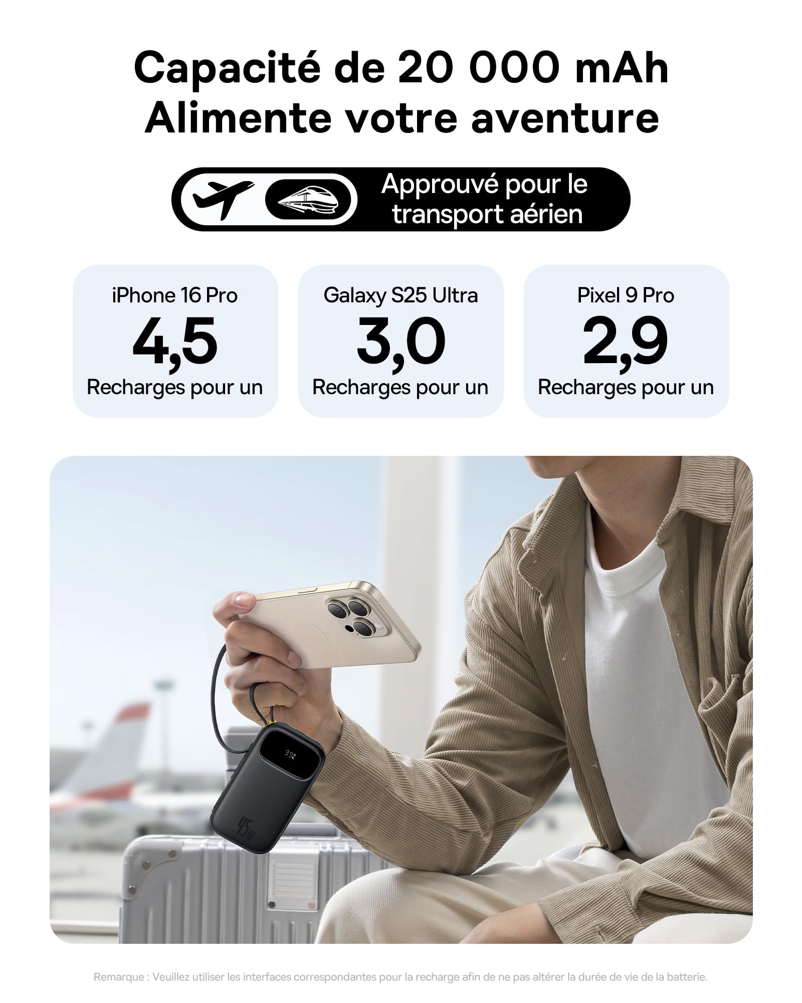 Baseus Powerbank 20000mAh 45W avec 2 Câbles USB-C Intégrés, Power Bank PD3,0 QC4,0 Batteries Externes Charge Rapide, 3C et 1 A, Chargeur Portable pour iPhone 17/16/15 Pro Max, iPad, Samsung, Noir