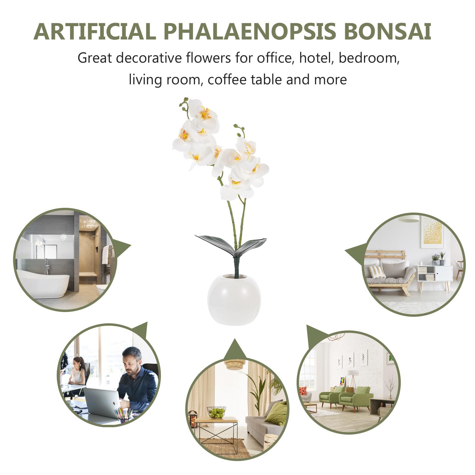 Fausse Orchidée Phalaenopsis en Pot Blanc Fleurs Artificielles en Soie, Décoration Intérieure Chic sans Arrosage ni Lumière pour Anniversaire ou Pendaison de Crémaillère