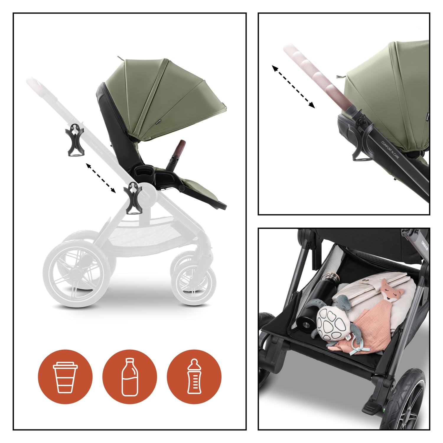 hauck Comfort N Care Carrito Bebe desde Nacimiento hasta 22 kg - Reversible y Reclinable - Capota XL UPF 50+ - Silla de Paseo con Suspensión - Cubrepiernas y Portavasos - Oliva