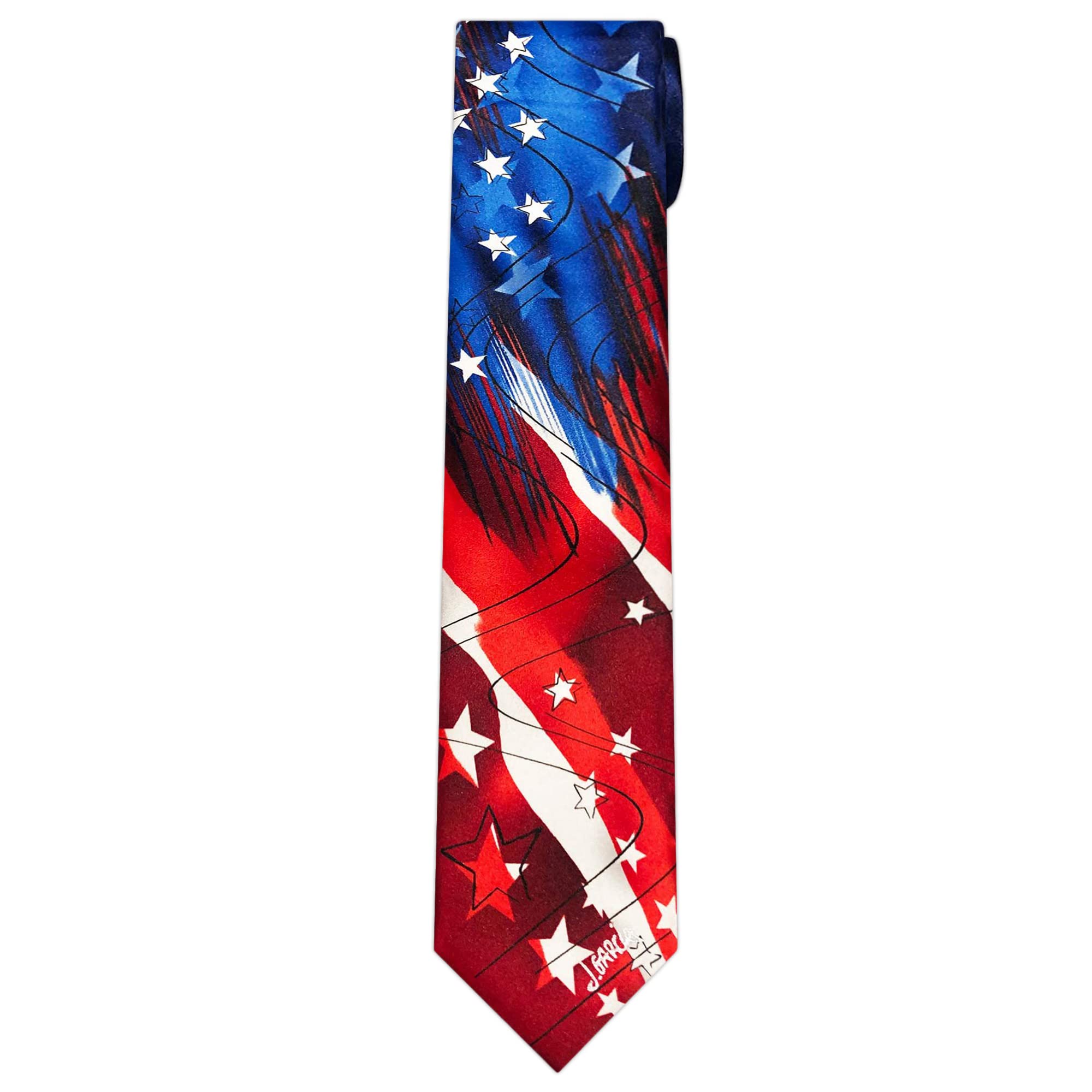 Jerry Garcia Collector's Edition Men's Moon Mountain Artwork 4th of July USA Flag Extra Long Neck Tie - Navy Blue